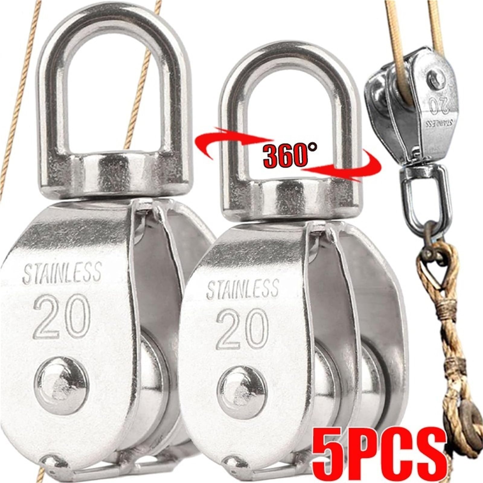 Pulegge In Acciaio Inossidabile Gru in acciaio inossidabile Doppia puleggia Blocco fune metallica for carichi pesanti Ganci girevoli di sollevamento Filo sospeso Ruota traino(M32,5pcs)