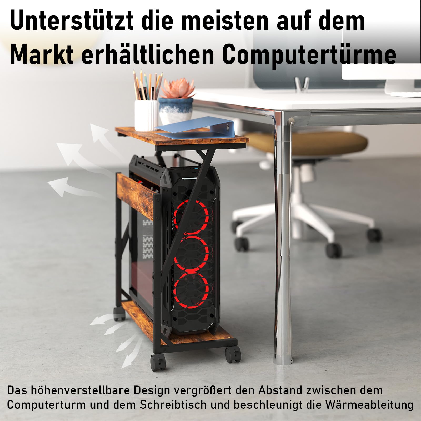 Computer Tower Ständer, Höhenverstellbarer CPU Stand, CPU Halter PC Regal mit Rollen, Druckerständer unter Schreibtisch, 2 Schicht Computer Ständer Drucker Cart