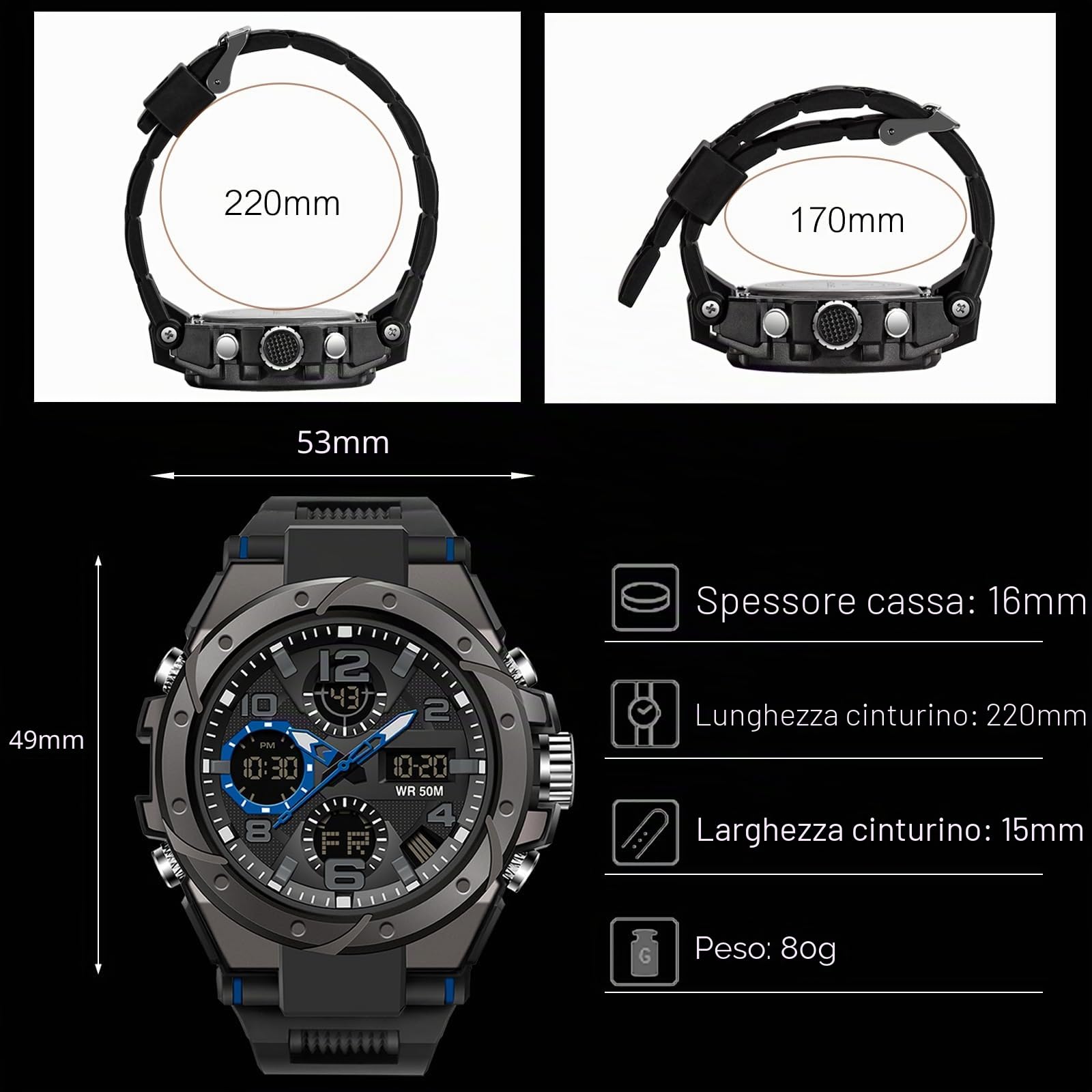 RORIOS Orologio sportivo da uomo, digitale, impermeabile, digitale, militare, orologio con sveglia, quadrante grande, quadrante blu, cinturino