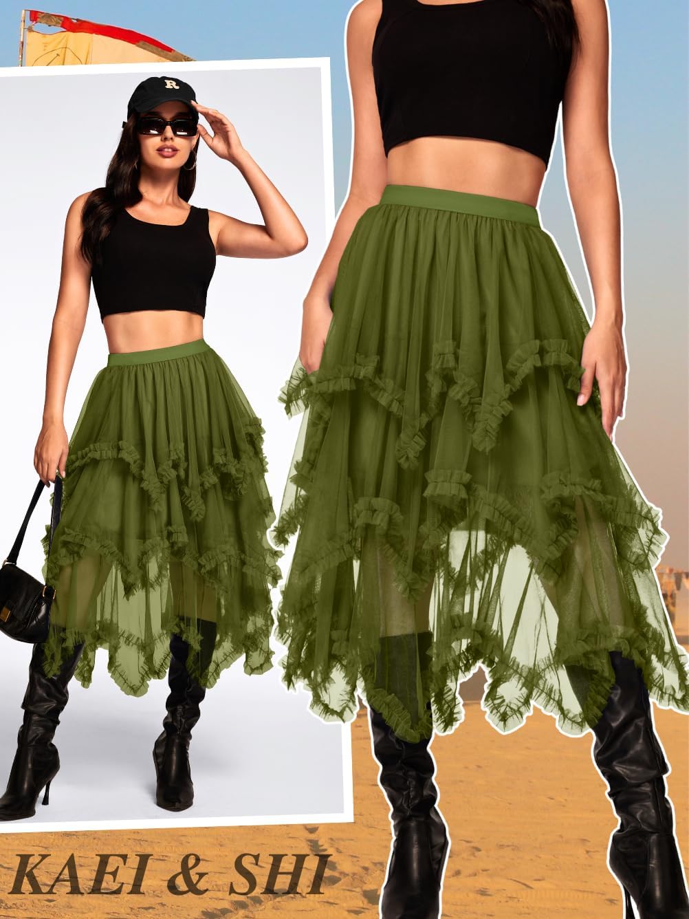 Kaei&Shi Long Tulle Skirt,Asymmetrical Ruffle Hem,Renaissance Fairy Costume