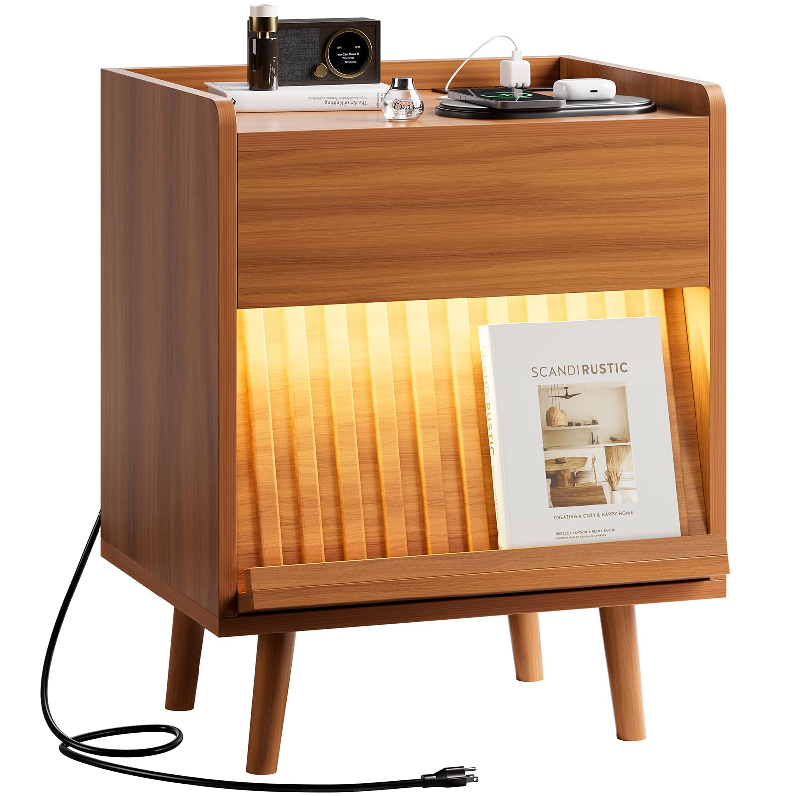 REAHOME Fluted Night Stand with Charging Station and LED Lights