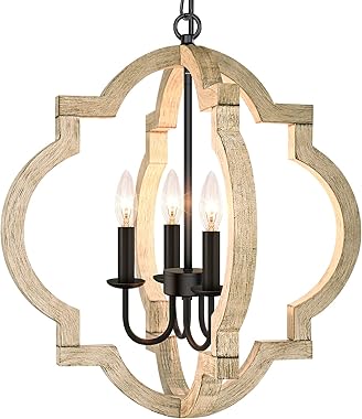 4-Light Farmhouse Chandelier Ceiling Light, Rustic Wood Hanging Light Orb Pendant Chandelier With Adjustable Hanging Chain, V