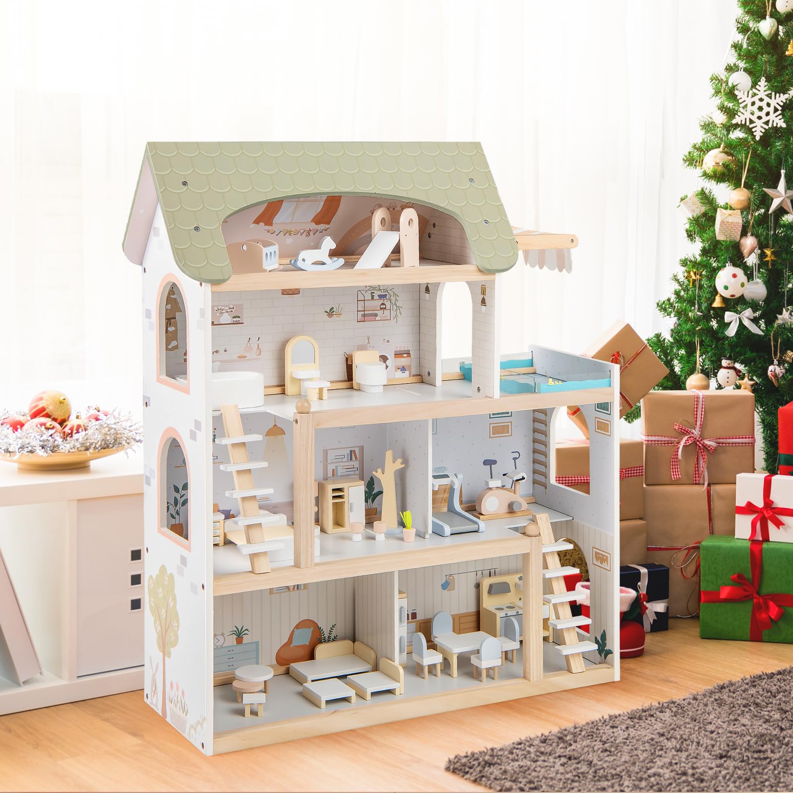 COSTWAY Puppenhaus Holz, Kinder Dollhouse mit 33 Möbelstücken, Puppenstube mit Balkon & Pool, Puppenvilla Traumvilla für Mädchen & Jungen ab 2 Jahren (Grün)