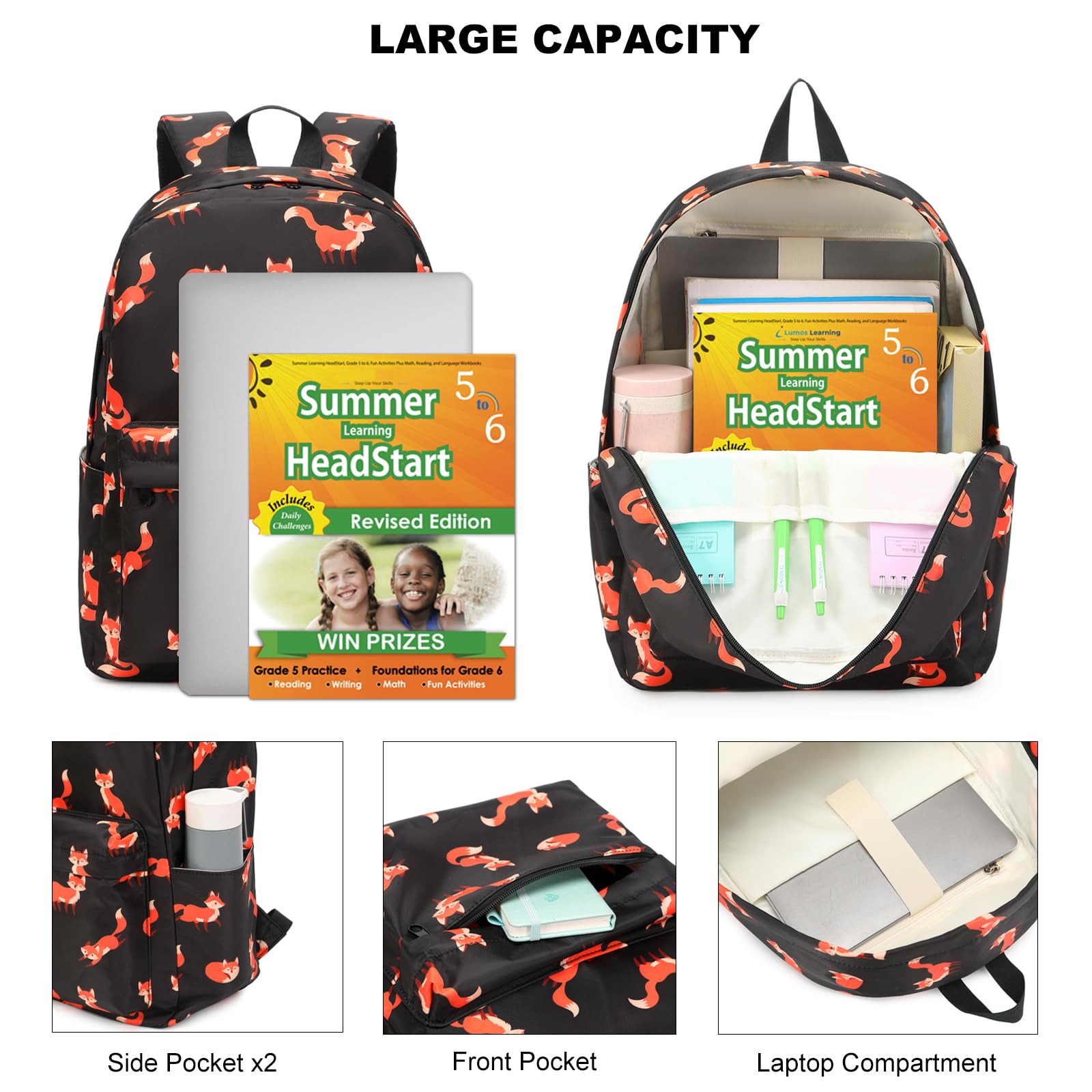 Mochila para niños y adolescentes, juego de mochilas escolares con bolsa de almuerzo y estuche para lápices, Zorro, Moderno