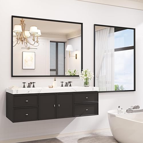 Miniatura 325 de Espejo de baño dorado, 48 x 30 pulgadas, espejo de marco de metal dorado cepillado para pared, espejo rectangular redondeado de tocador de baño