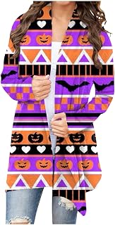 Tsamuo Halloween Cardigan for Women Horror Pumpkins Printed Ruched Plus Size Long Sleeve Open Front Knitted Outwear Coat