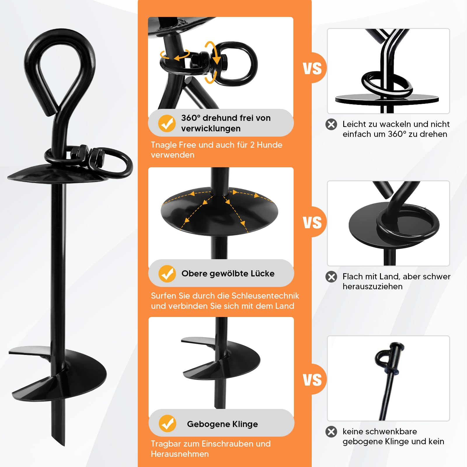 Snagle Paw Piquet d'ancrage pour chien extra résistant pour accrocher une chaîne dans le jardin ou le camping, ne se plie pas ou ne tire pas pour chiens de petite, moyenne ou grande taille, noir