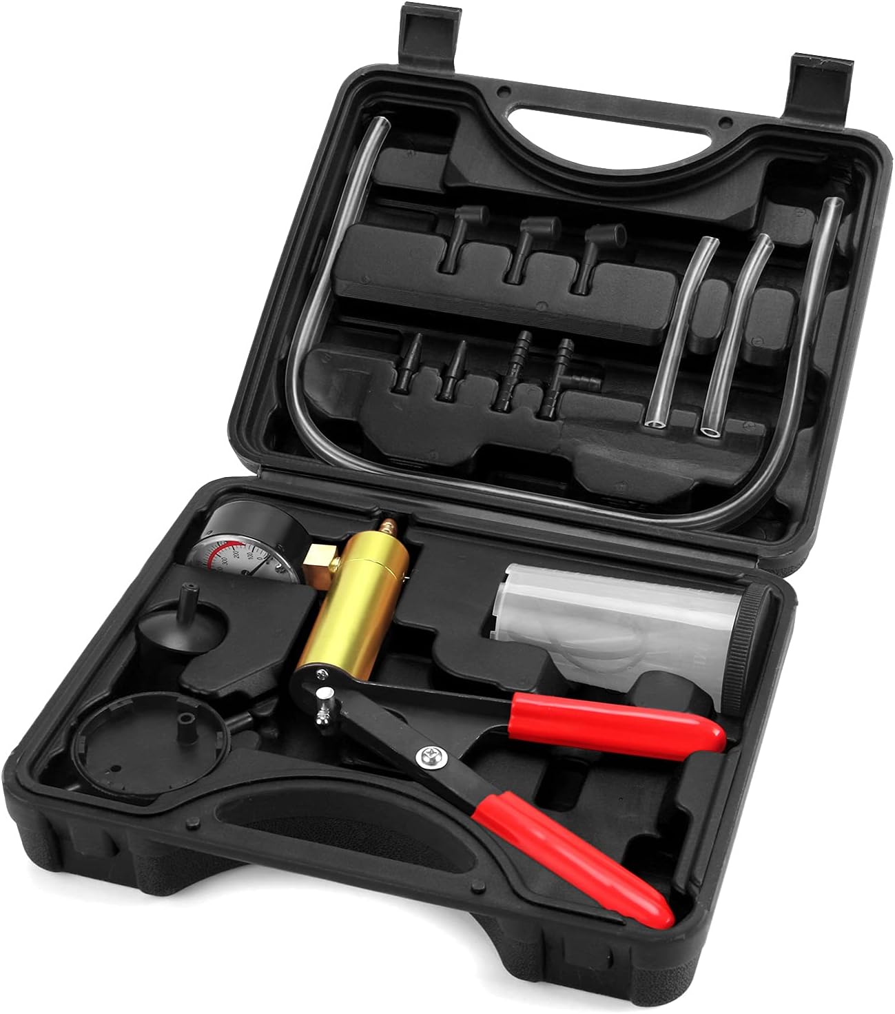 HTOMT 2 in 1 Brake Bleeder Kit Hand held Vacuum Pump Test Set for Automotive with Protected Case,Adapters,One-Man Brake and Clutch Bleeding System (Black)