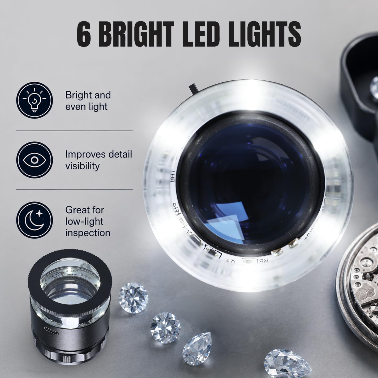 Lupa Recargable para joyeros con Luces LED y 3 Escalas de retícula, Campo de visión de 25 mm, Lupa de Ojo de Enfoque Ajustable para Gemas, Monedas, Relojes, Sellos, Plantas