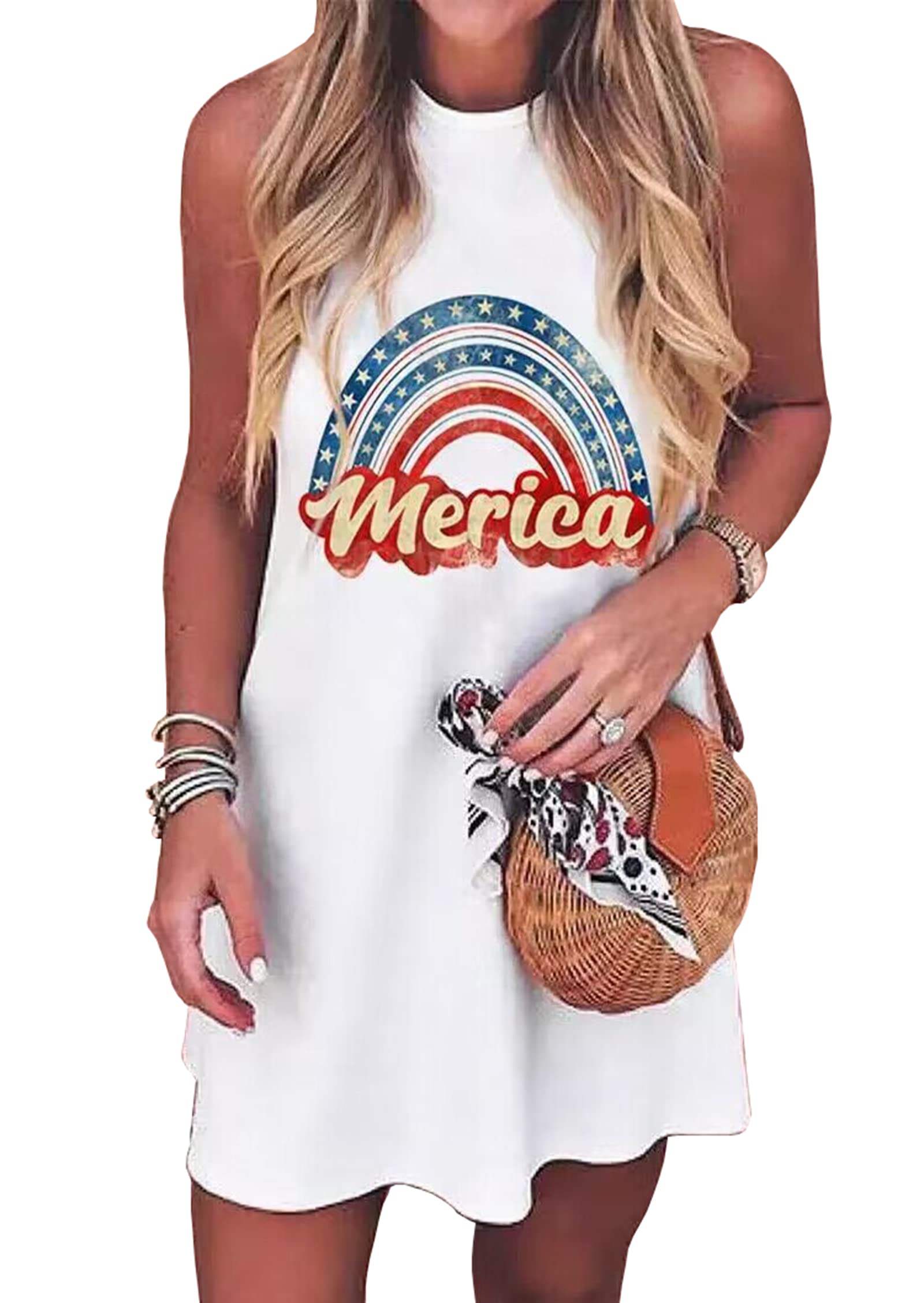 American Flag Tank Dress for Women 4th of July Patriotic Graphic Sleeveless Mini Dress Casual Vacation Short Dresses