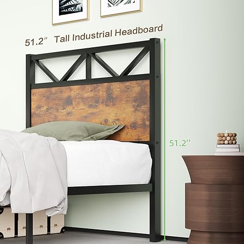 Miniatura 3 de Base de cama individual con cabecera de 51.2 pulgadas de alto, plataforma industrial con fuerte soporte de listones de acero, sin ruido, no necesita