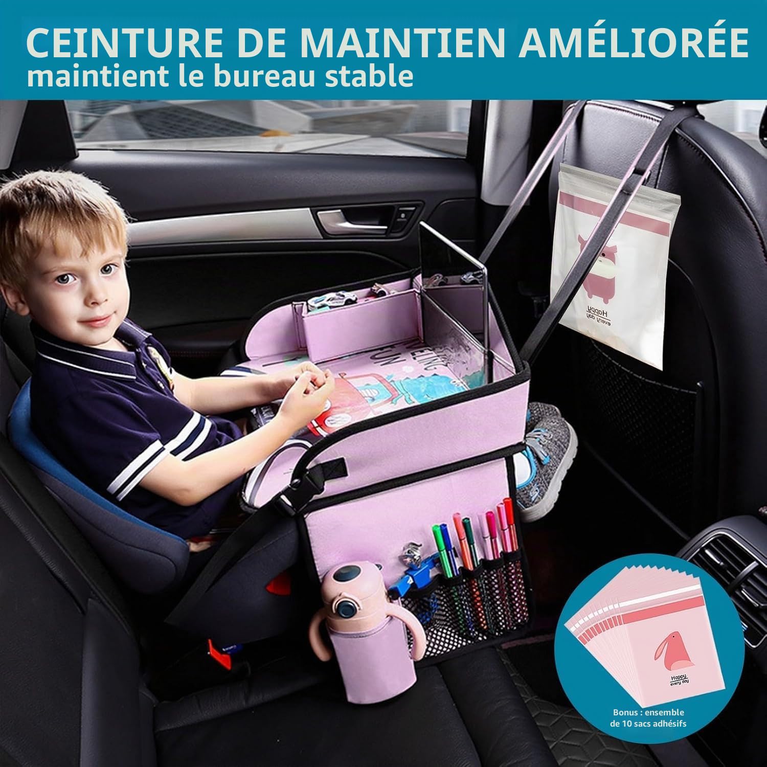 Plateau de voyage pour siège auto pour enfants, table d'activité pour les déplacements, avec poches latérales, sangle réglable, plusieurs couleurs