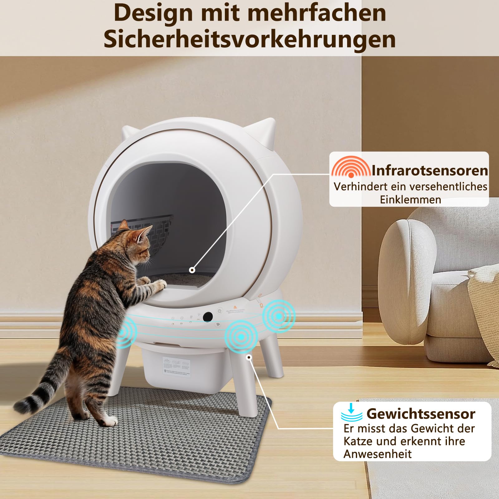 Katzenklo Selbstreinigend,73L Selbstreinigende katzentoilette mit App,Sicherheitssensoren(Anti-Pinch),Geruchsschutz,Gesundheitsmonitoring,Automatisches Katzenklo für Mehrere Katzen(Katzenstreumatte)