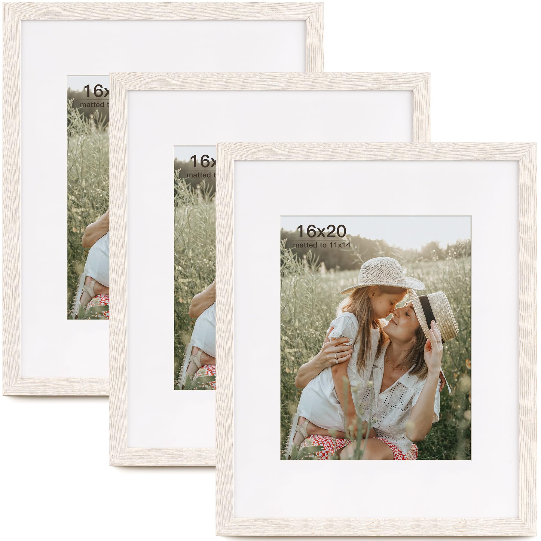 16x20 Picture Frames with Mat for 11x14 Set of 3, 16x20 Frames Rustic White Wood Grain, 16x20 Picture Frame for Wall Mounting (3pk, White)