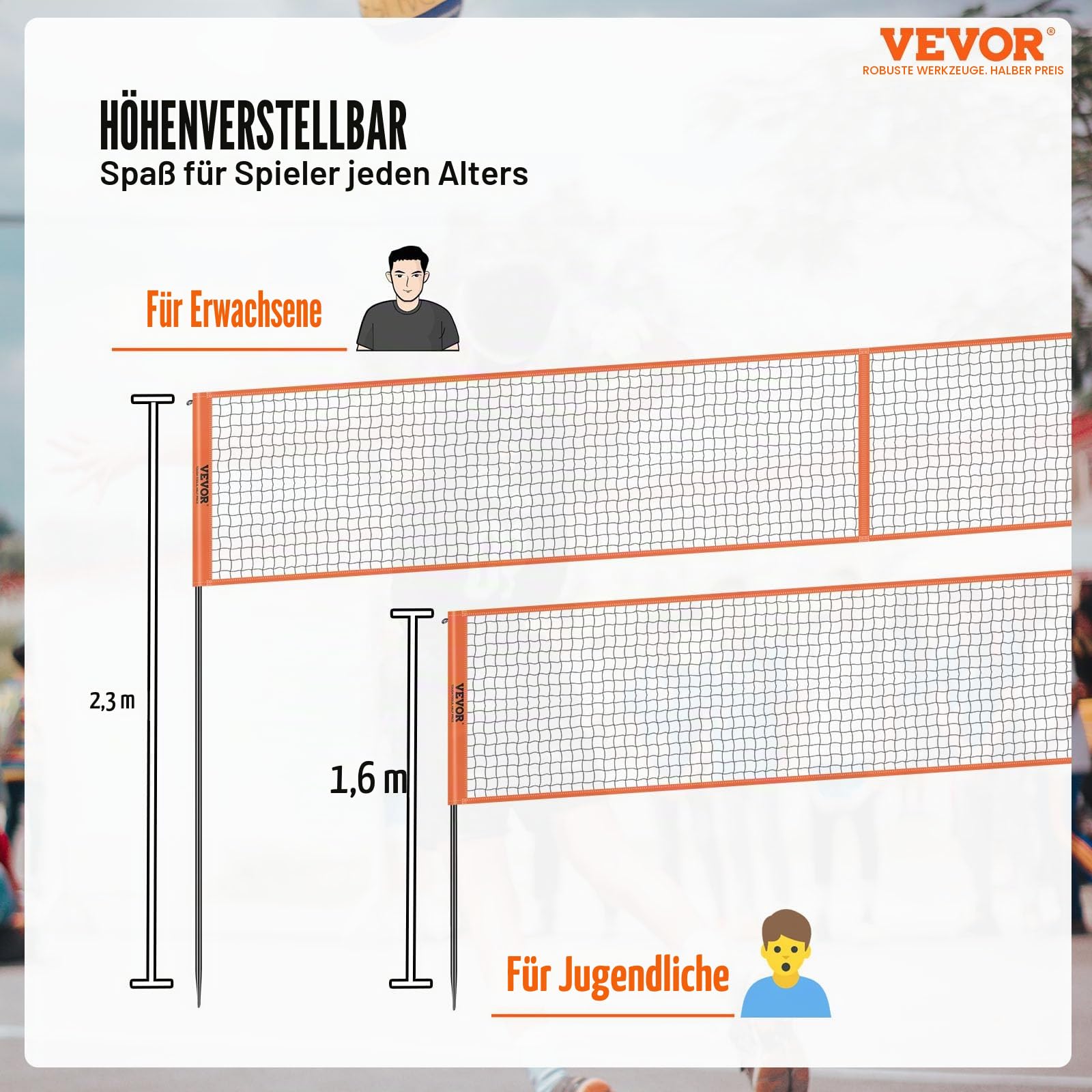 VEVOR Volleyballnetz Höhenverstellbar 4,3 x 2,2 m Tragbarer Beachvolleyball-Netz Orange mit Volleyball & Tragetasche
