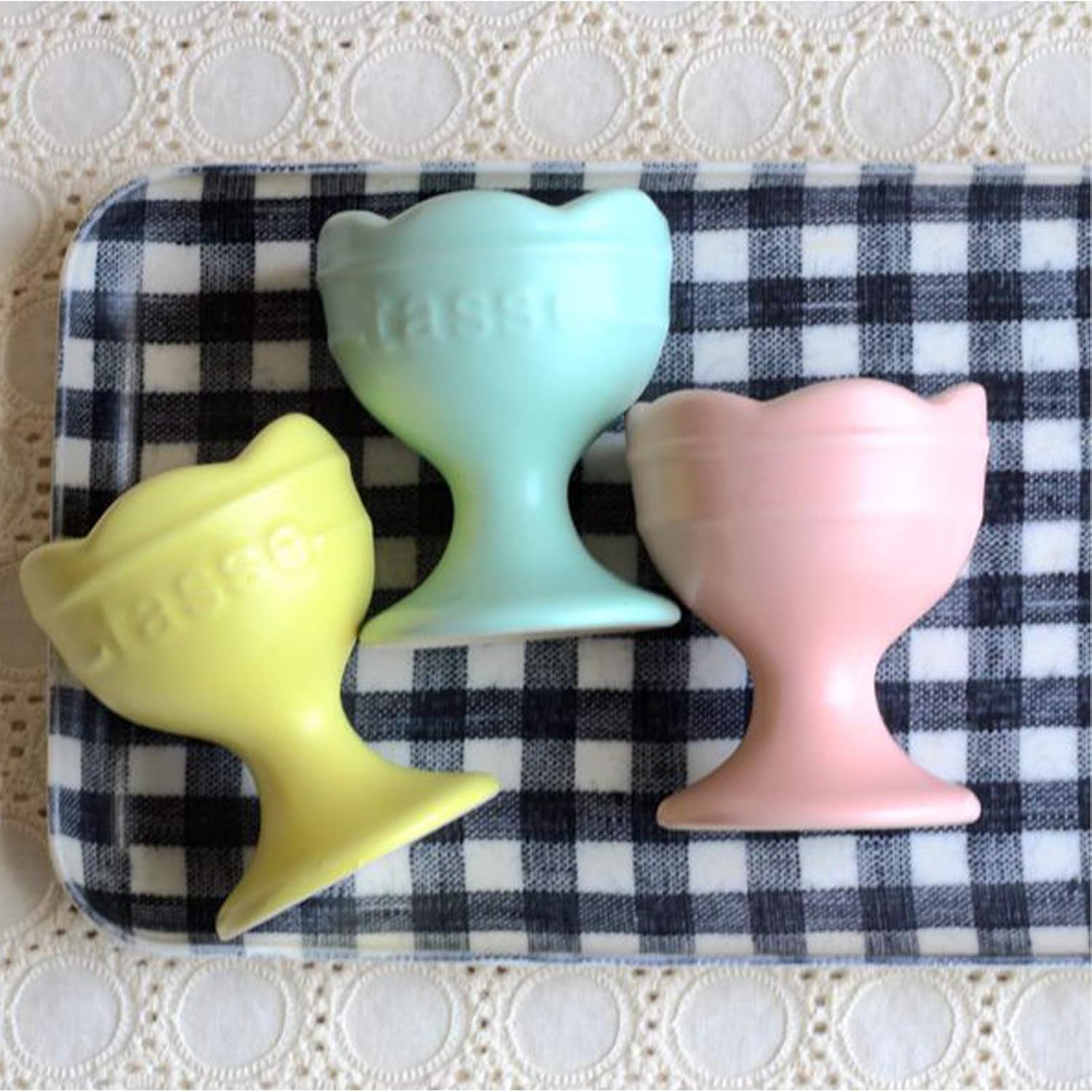 Egg Cup Made of Matt Porcelain Children with A Wavy Edge for Home, Kitchen and Restaurant, 5.5 x 7 cm,Yellow,Set of 4 (Blue Set of 4)