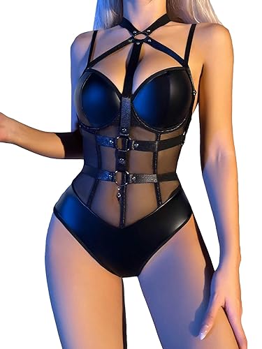 Milumia Lingerie for Women PU Leather One piece Strappy Mesh Teddy Bodysuit - Medium - Black