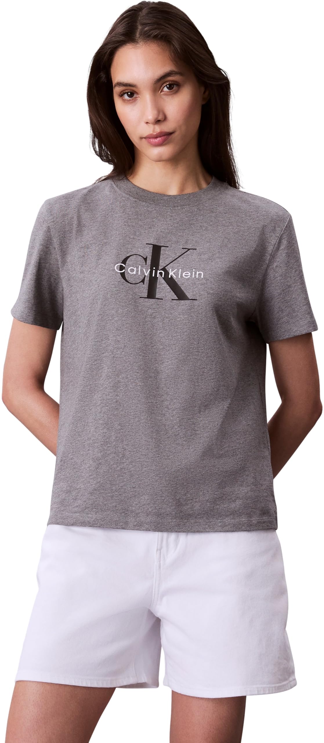 Calvin Klein Women’s Short Sleeve Round Neck Hero Classic Monologo T-Shirt, Grey (B30 Grey Heather), XXS