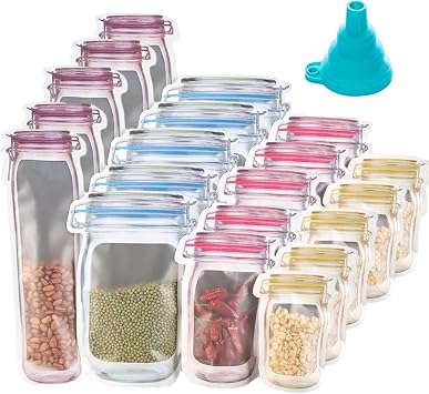 Reusable Mason Bottle Ziplock Bags, 20/40 pcs Mason Jar Ziplock Bags, Multi-Size Airtight Seal Leak-Proof Food Snack Storage Ziplock Bags for Kitchen Camping 20pcs