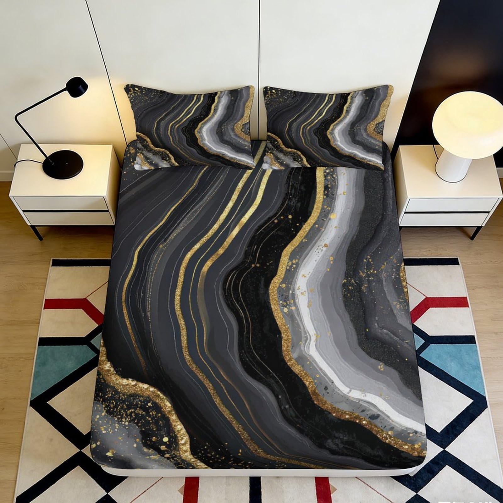 3D Printed Black Marble Fitted Sheet Microfiber Soft Breathable Golden Vein Mattress Cover for Bedroom Dorm Decoration 90x200x25cm