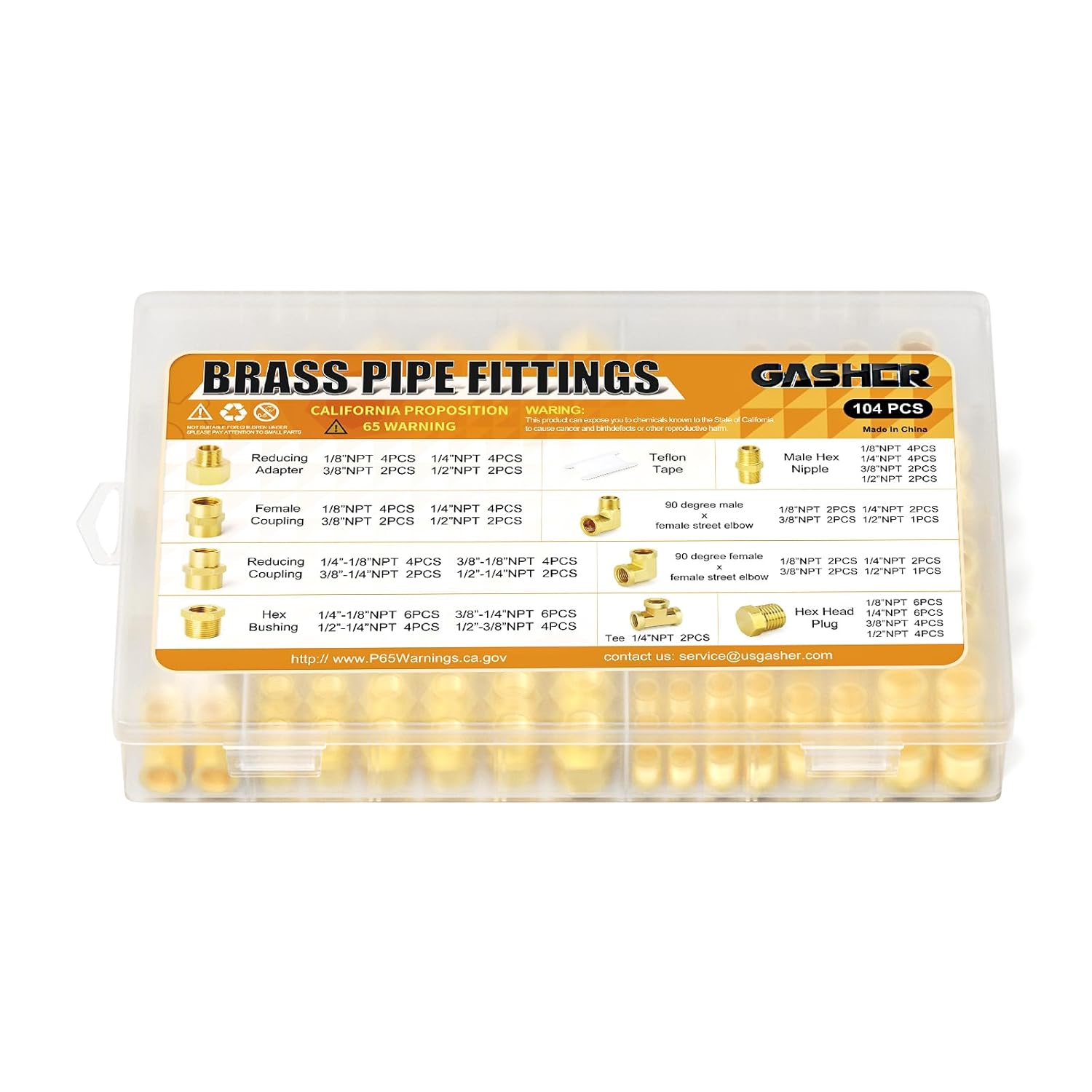 GASHER 104Pcs Brass Pipe Fittings Assortment Kit, Reducing Adapter, Hex Nipple, Female Coupling, Reducing Coupling, 90 Degree Barstock Street Elbow, Hex Bushing, Hex Head Plug and Tee Pipe Fitting