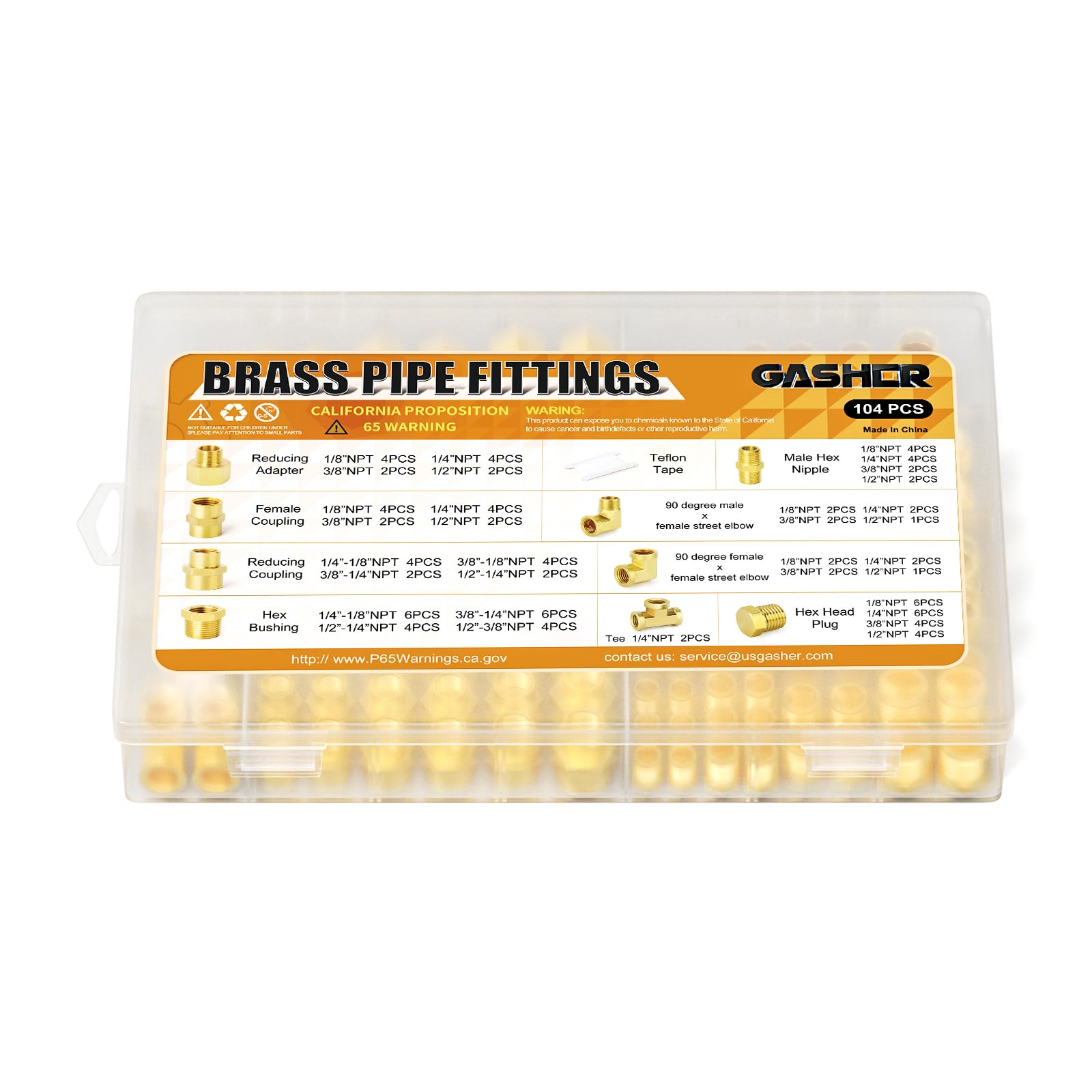 GASHER Kit surtido de 104 accesorios de tubería de latón, adaptador reductor, boquilla hexagonal, acoplamiento hembra, acoplamiento reductor, codo de calle Barstock de 90 grados, buje hexagonal