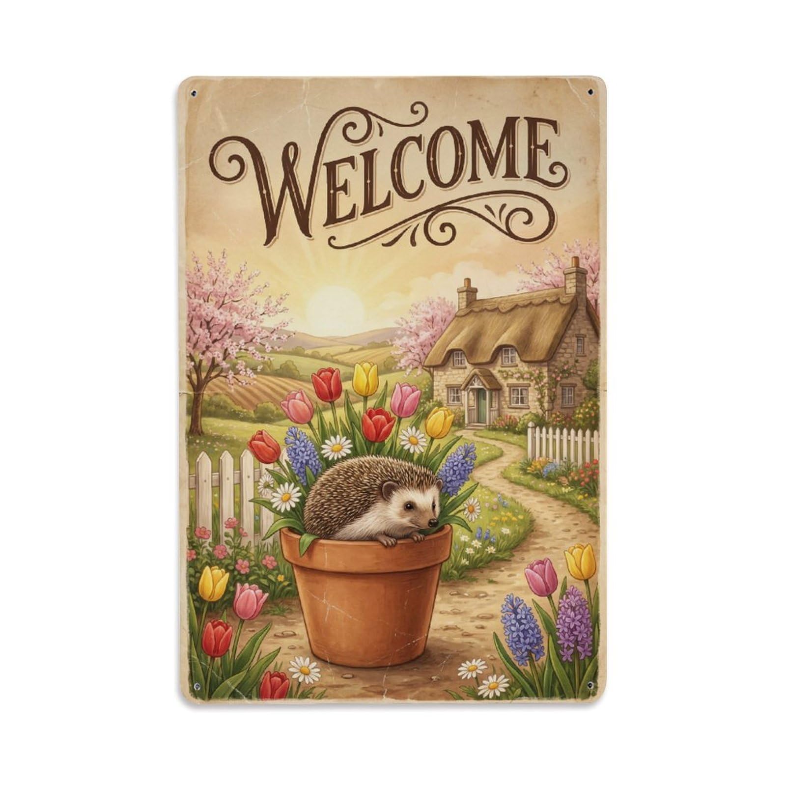 [Vintage Welcome] Hedgehog Woodland Friends Metal Tin Sign