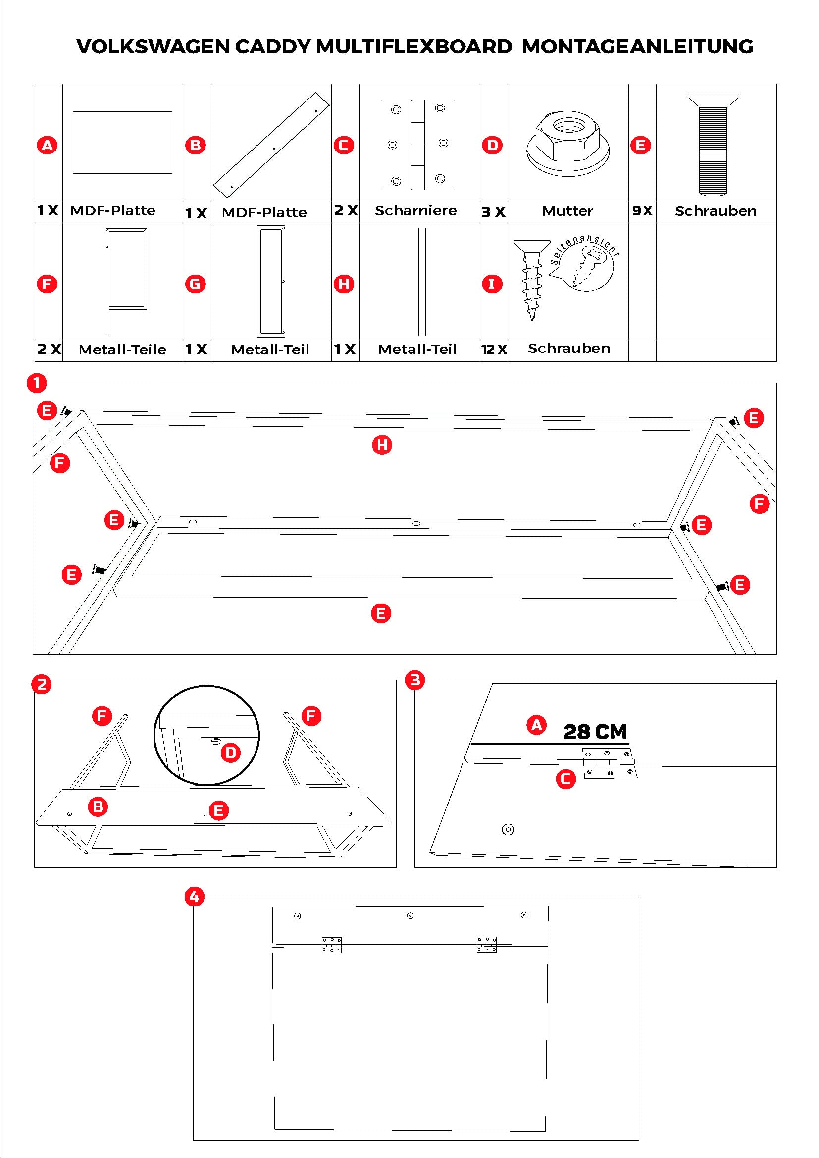 BREMER SITZBEZÜGE Multiflexboard pieghevole compatibile con VW Caddy dal 2003 al 2022 - Estensione per letto da campeggio, per camper e camper, altezza ca. 31 cm, con console di colore nero