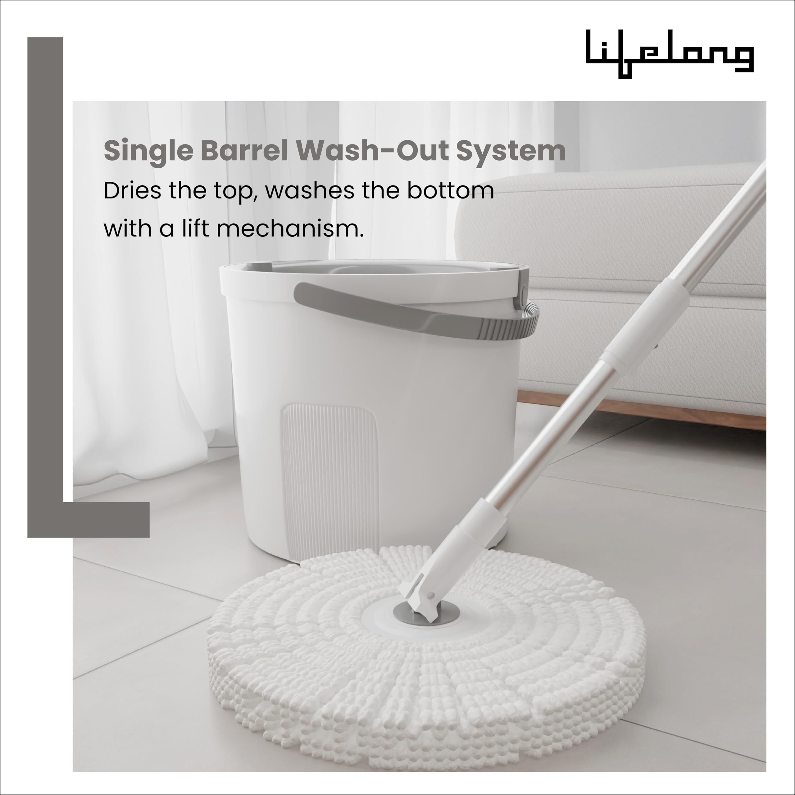 Lifelong Heavy Quality Spin Mop with Bucket | 360° Flexible Square Mop Head with Adjustable Height Handle | 2Pcs Reusable Microfiber Pad for All Types of Floor Cleaning
