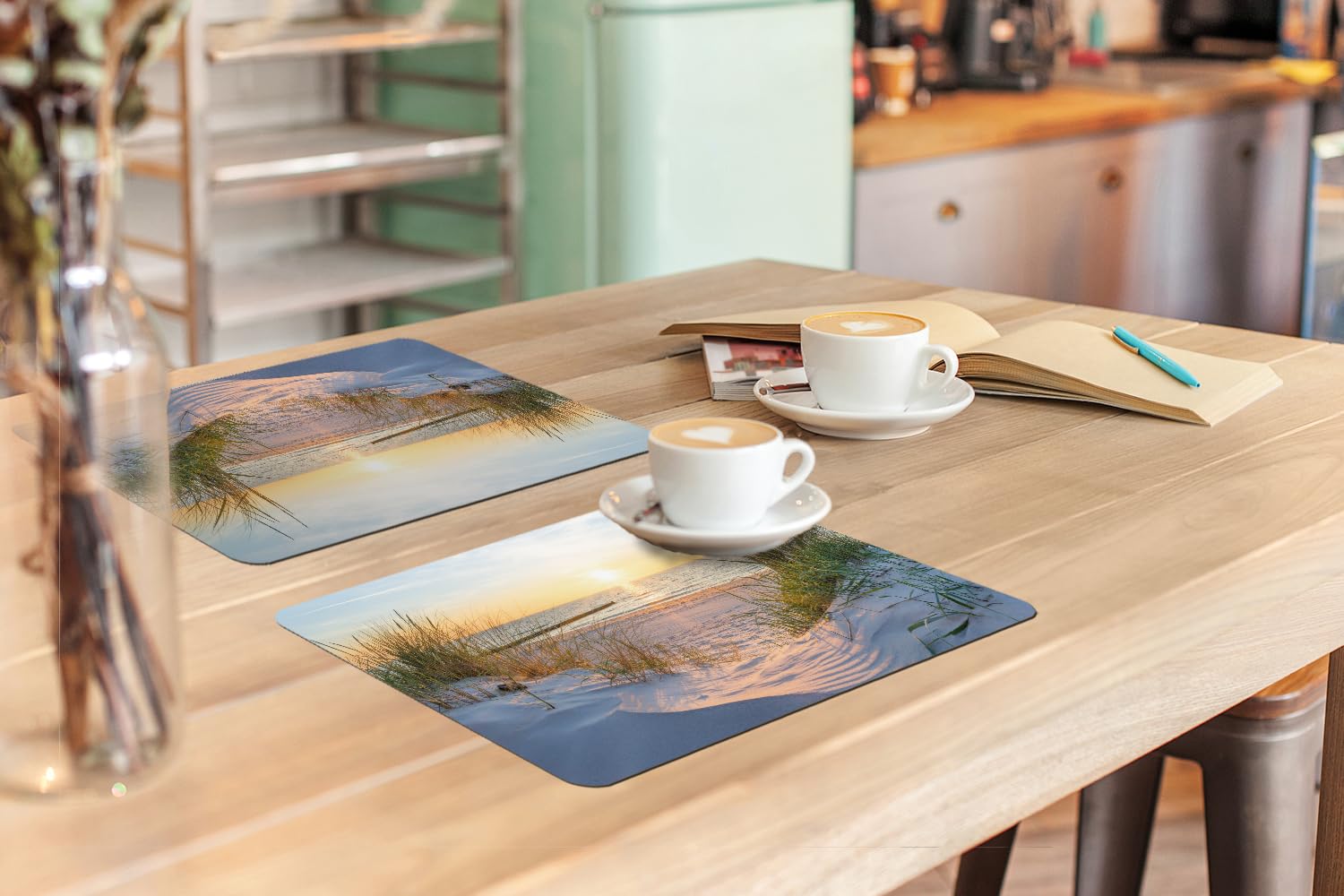 KitchenYeah© Platzsets Abwaschbare Placemats Set 6 45x30 cm Tischsets Platzdeckchen Platzset Tischset Esstisch Telleruntersetzer Waschbar Strand - Sonne - Düne - Gras - Sand - Horizont