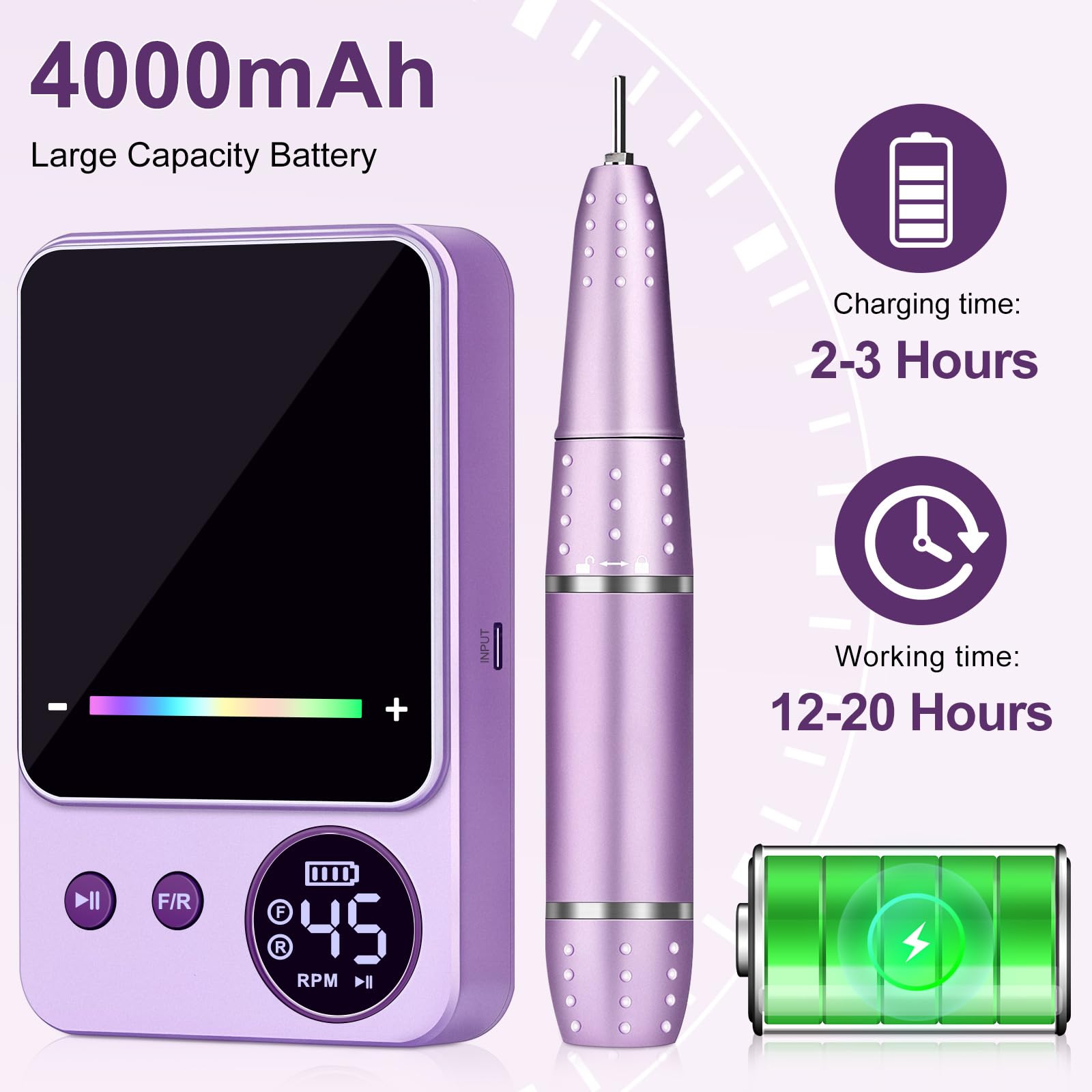 45000RPM Ponceuse à Ongles Professionnelle, Urbuti Ponceuse pour Ongles Électrique avec 11 Embouts et Écran LED, Limes à Ongles Portable pour Ongles en Acrylique et Gel, Manucure et Pédicure (Violet)