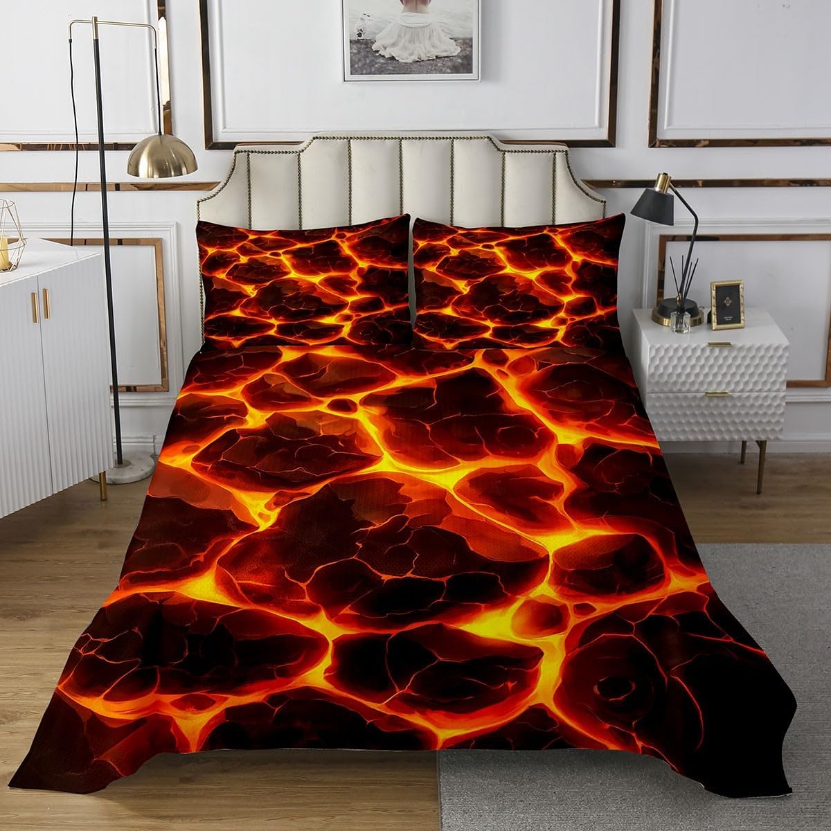 Geometric Abstract Art Bedspread King,Lava Magma Print Quilted Coverlet 3pcs for Adults Teens Room Decor,Flame Soft Breathable Bedding Quilt