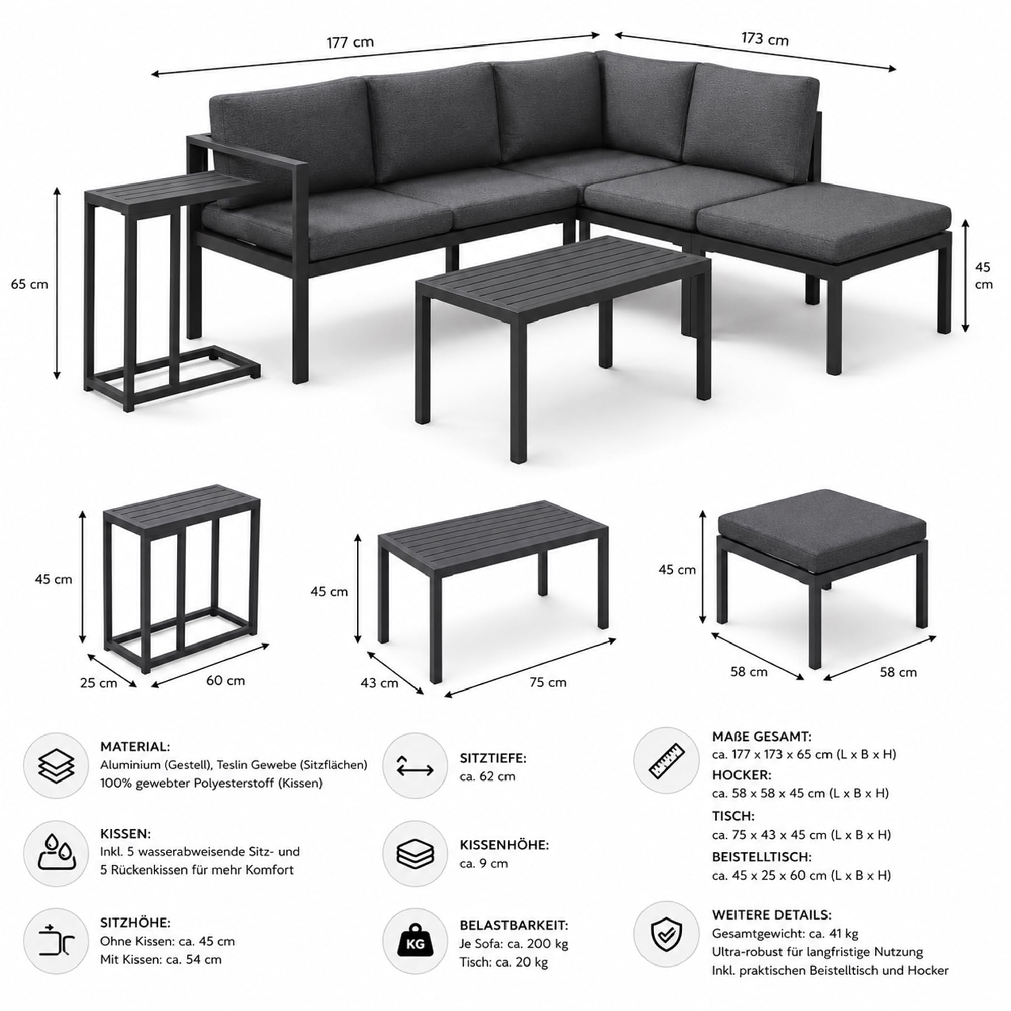 Mucola Gartenmöbel Set Ecklounge Aluminium mit Hocker und Tisch Anthrazit | Sitzgruppe modular kombinierbar, rostfrei, UV-beständig, extra dicke wasserabweisende Bezüge, waschbar, Outdoor, für Balkon