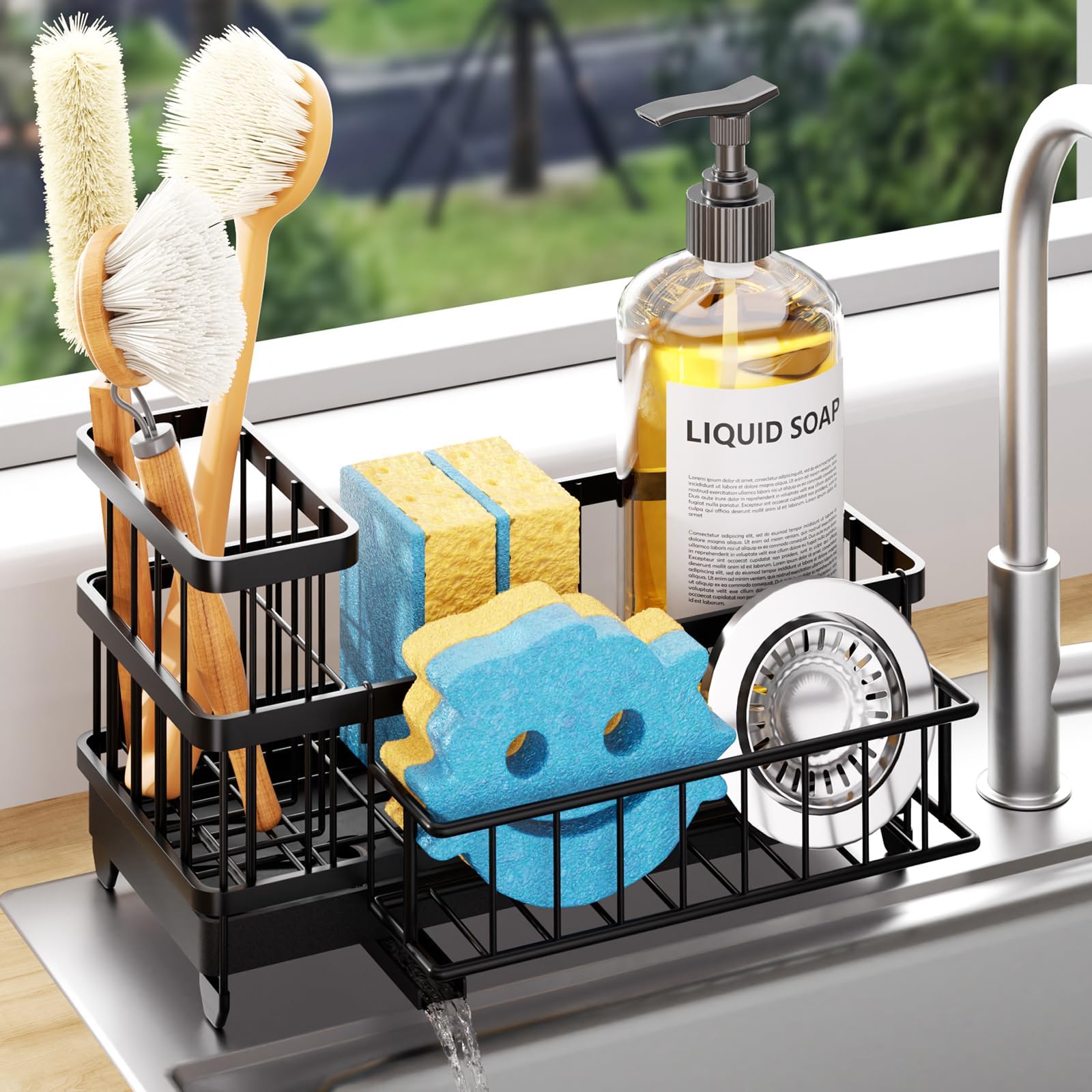 Consuemst Sponge Holder for Kitchen Sink - Auto Draining Sink Caddy Organizer with Detachable Rack High Brush Holder