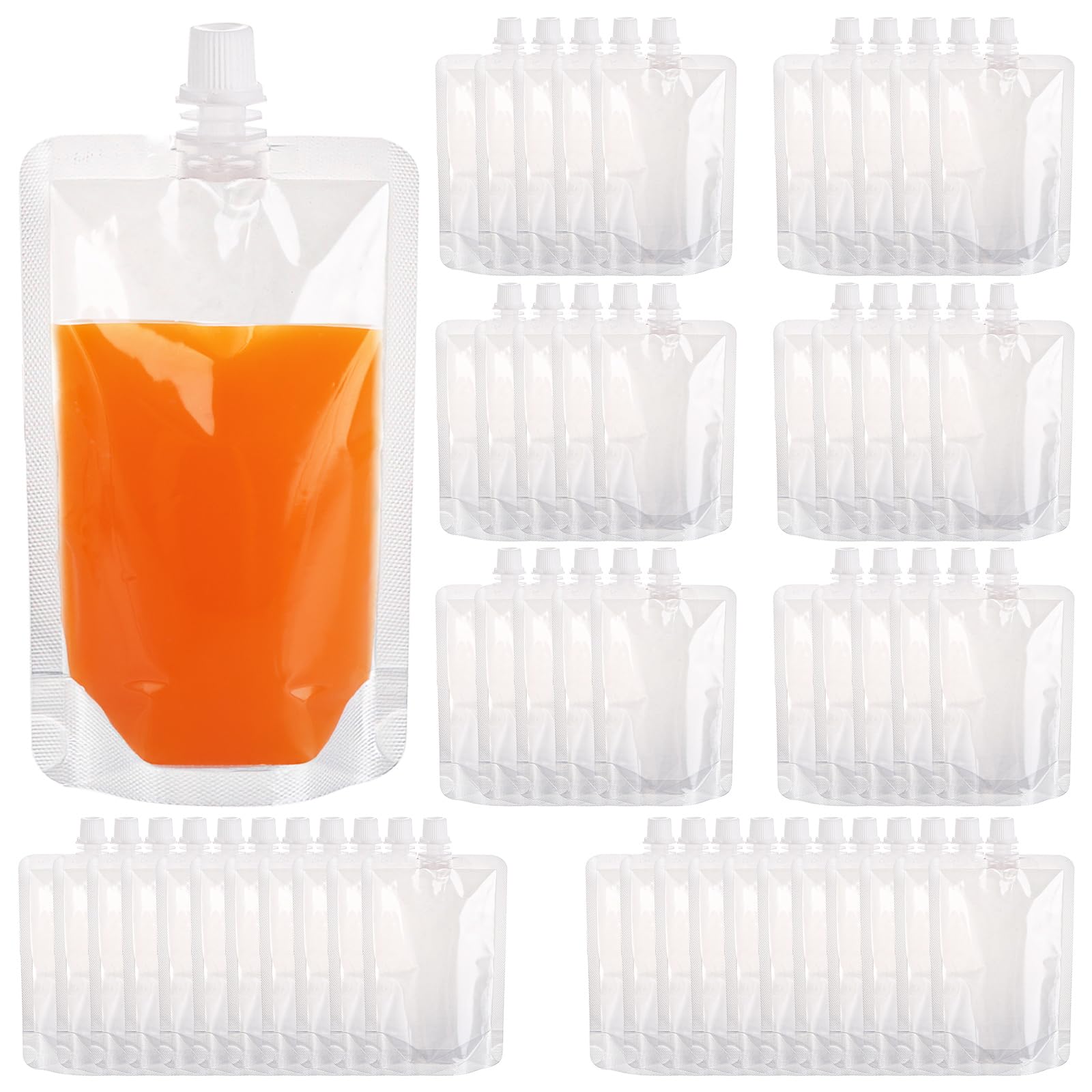 YOUNTHYE 100Pack Drink Pouches, 250ml Drink Pouches, Clear Pouch Juice Bags Refillable Plastic Liquid Pouch Bag with Caps for Parties, Picnic, Travel, Sports