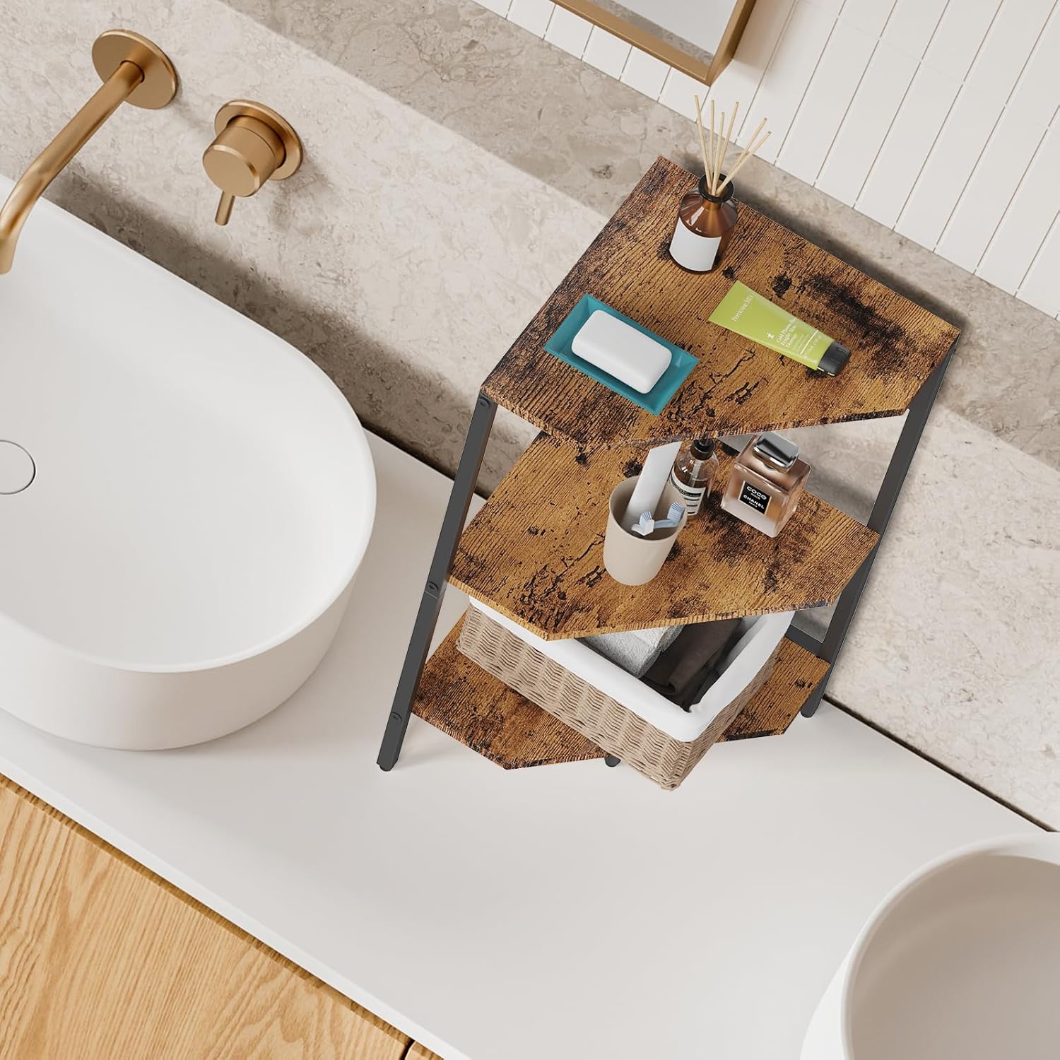CADUKE Pedestal Sink Storage, 2 Pack Under Sink Organizer Shelf Bathroom Under Vanity Storage Shelf for Small Space, Bathroom Organizers Rack Stand 3 Tier Wooden Corner Shelves, Rustic Brown