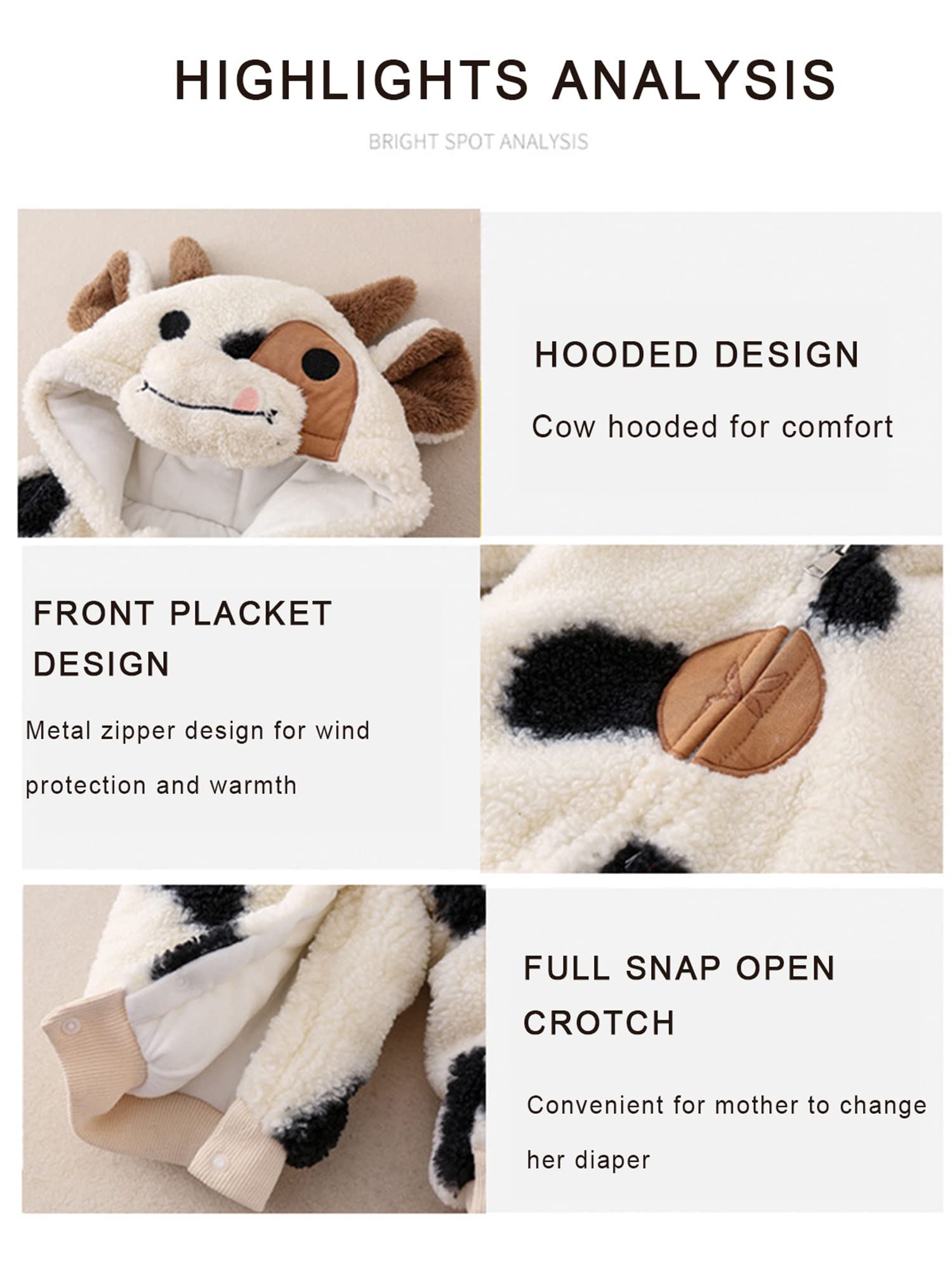 Baby Hoodie Overall Winter 0-18 Monate Junge Mädchen Fleece Strampler, Langarm Cartoon Cow Print Zipper Hooded Romper, Neugeborene Baby Schneeanzug Dick Warm Jumpsuit (Jumpsuit , Beige , 66cm )