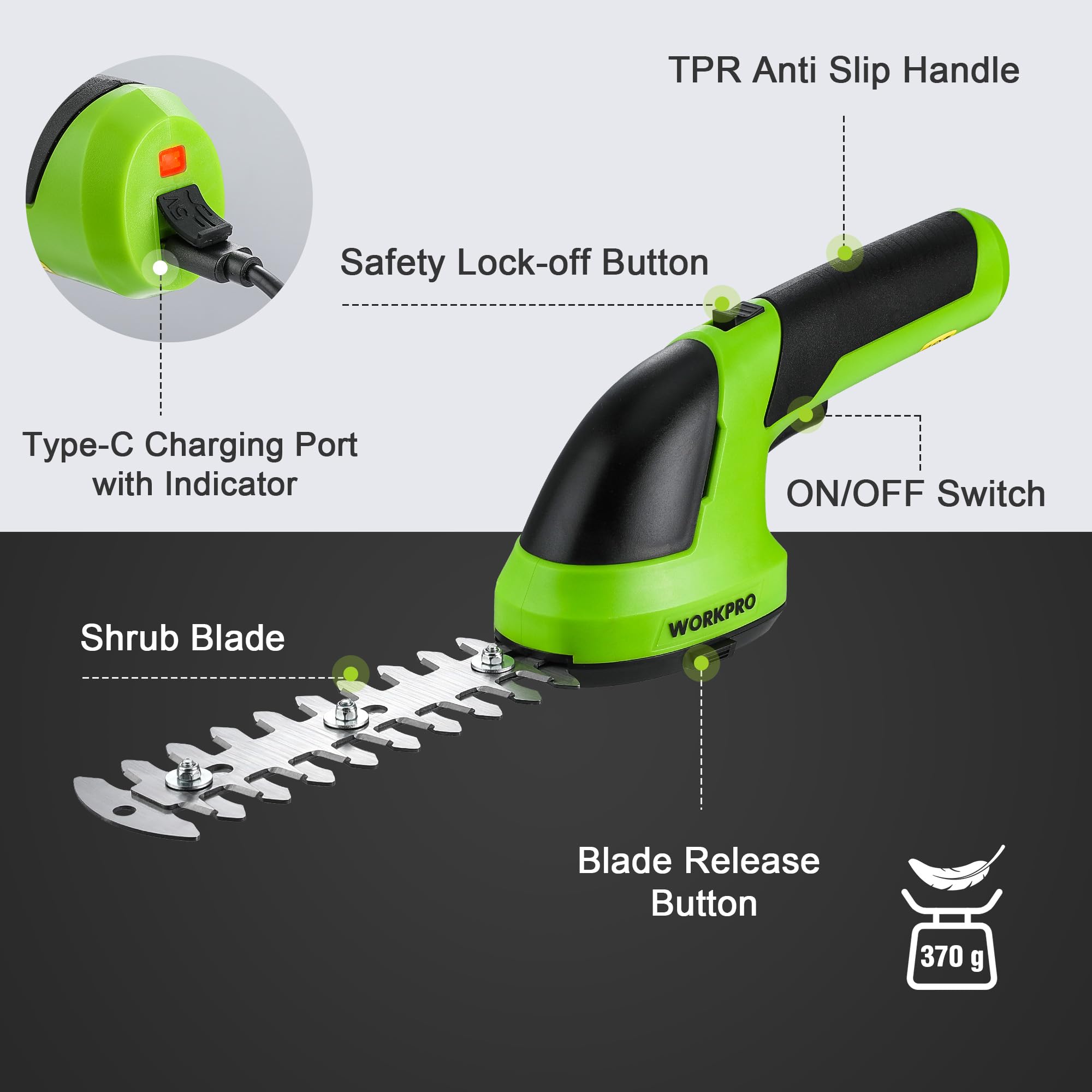 WORKPRO Snoeischaar accu 7,2 V groen, handige grasschaar elektrisch met 2 messen, 2.000 mAh accu en type C-kabel, 2-in-1 heggenschaar met snijbreedte 10 cm, snijlengte 15 cm