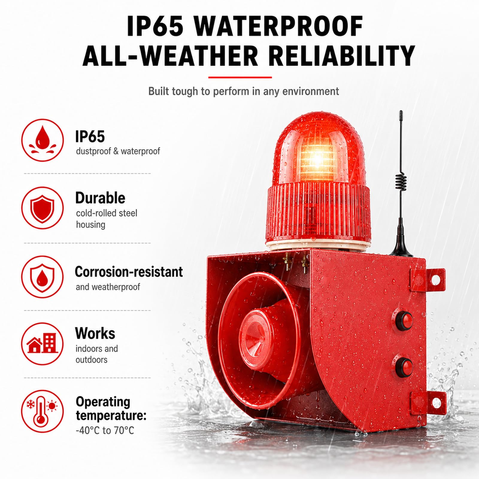 Sirena Impermeable Exterior, 500m Mando A Distancia Alarma 120dB Machine+3RemoteControl | Volumen 0-120dB Ajustable, LED Estroboscópico, IP65, Reemplazo De Voz USB, Montaje En Pared Sencillo, Para Talleres