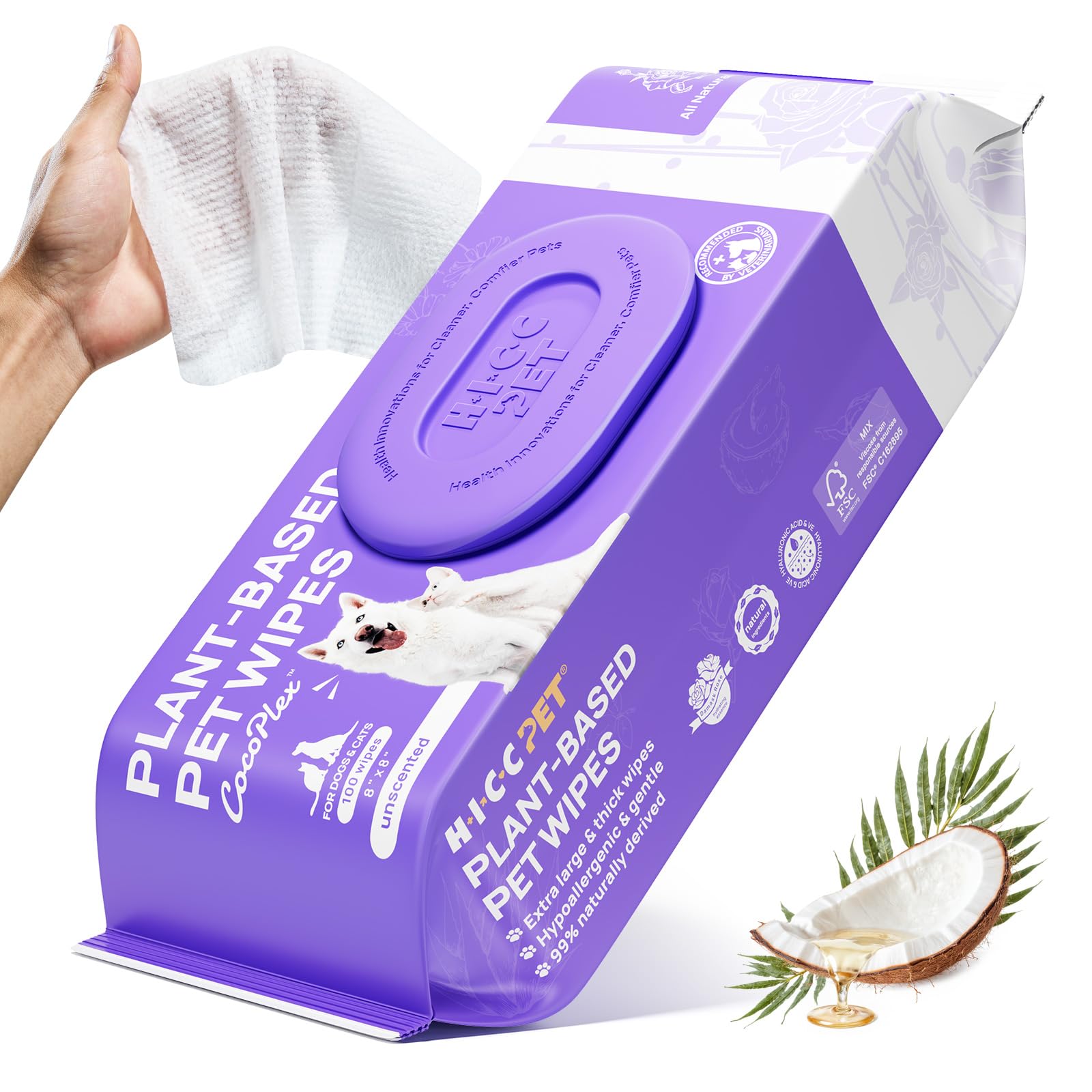 HICC PET Wipes for Dogs and Cats, Vet-Recommended Pets Cleaning Wipes, Deodorizing Hydrating, Nourishes Smoothes Fur, Fermented Coconut Oil Grooming Horse Skin, Coat & Hoof, Unscented, 100 Count