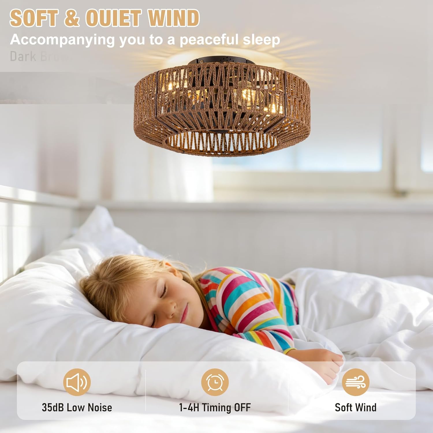 Boho Fandelier Ceiling Fan with Light Flush Mount, Woven Rattan Ceiling Fans with Lights and Remote Control,Low Profile Farmhouse Ceiling Fan for Bedroom,Living Room,Kitchen,Foyer (6 Speeds,Timing)