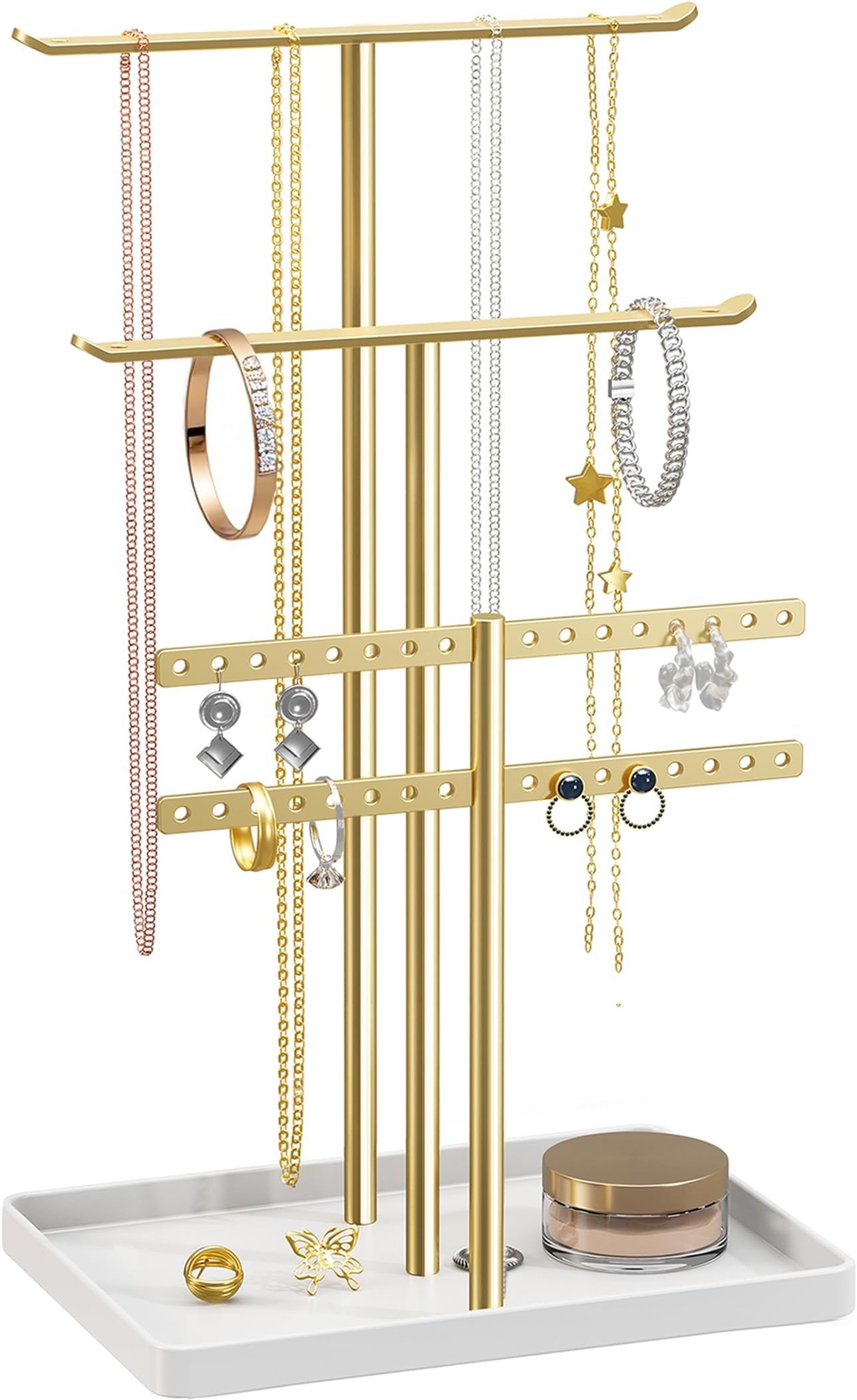 Jewelry Stand Organizer, 37cm Tall Sturdy Metal, 3-Tier Jewelry Holder for Necklace, Earring, Bracelet, Ring, Hanger for Display and Storage, Aesthetic Room Decor, Gold Jewlery Stand with White Tray