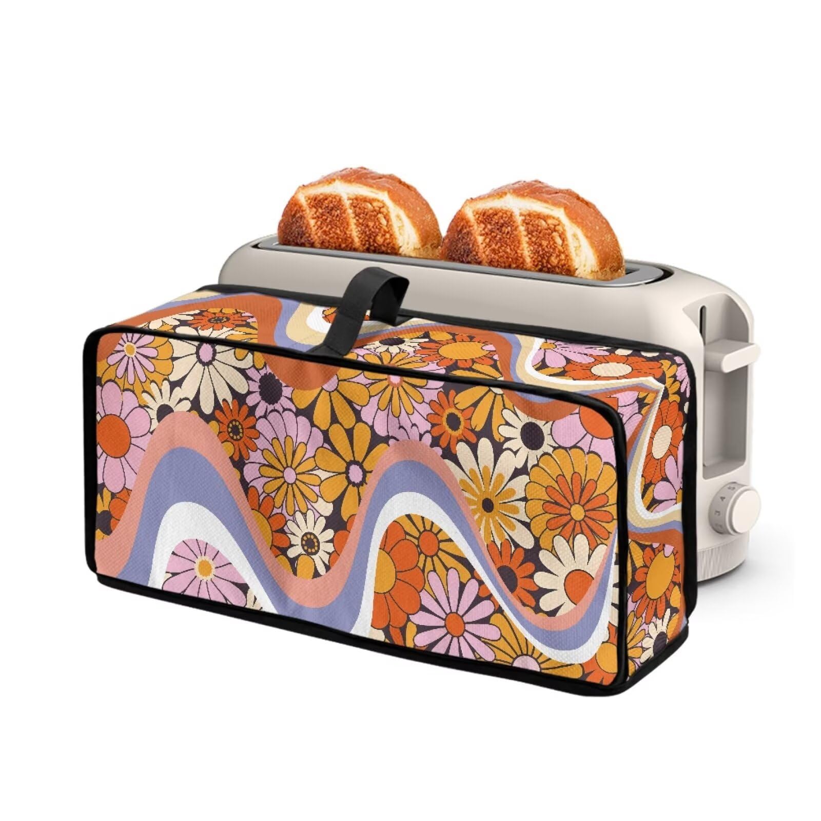Hippie Daisy Flowers 2 Slice Long Slot Toaster Cover Slim Bread Machine Cover with Top Handle Design Kitchen Small Appliance Cover Dust Protection Stain Resistant Universal Fit