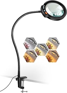 4.5X Magnifying Glass with Light and Clamp, 5-Inch Optical HD Lens, 5 Color Modes Dimmable, 20" Gooseneck LED Lighted Desk Lamp with Stand, Hands Free Magnifier for Reading Painting Crafts