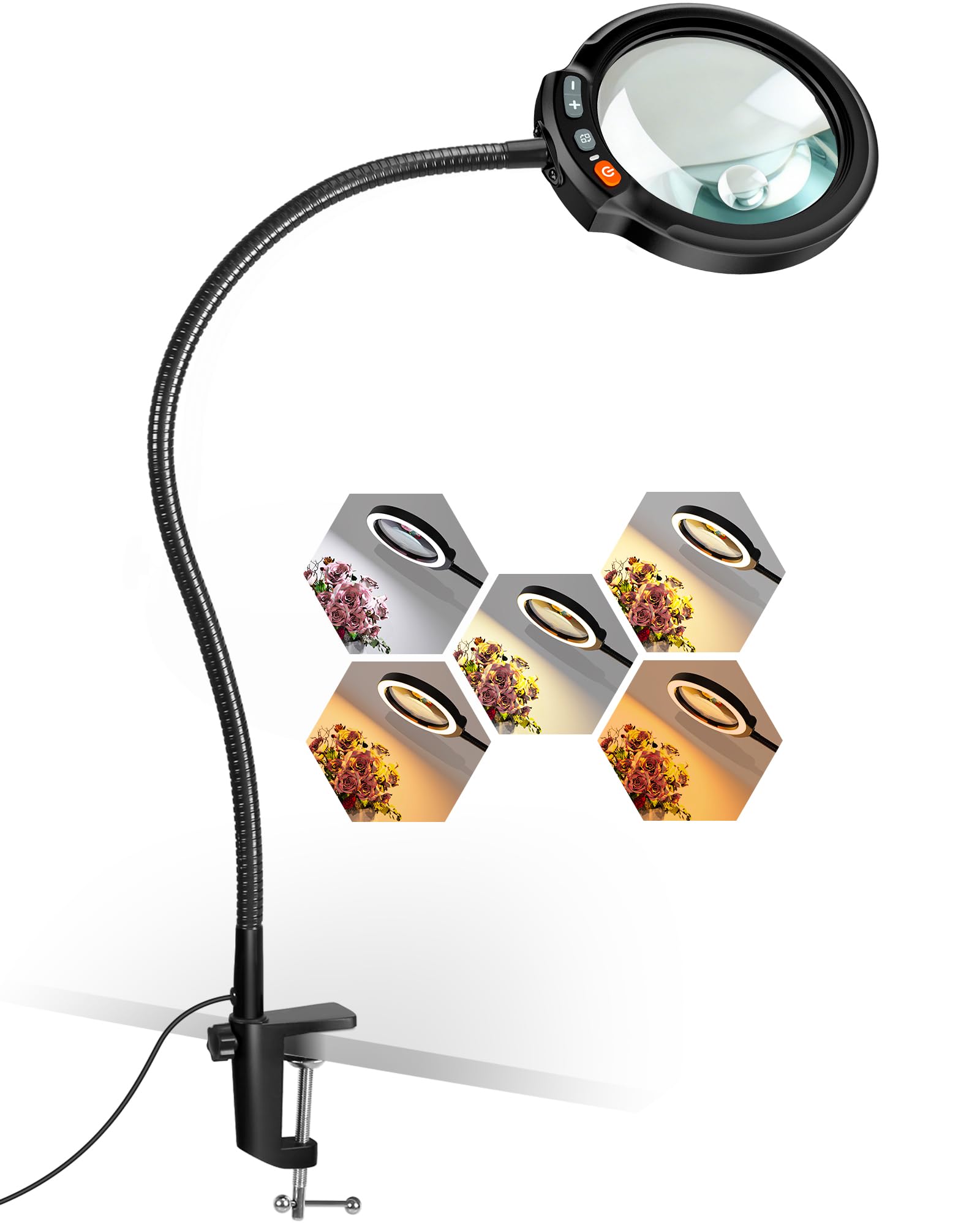 3X Magnifying Glass with Light and Clamp, 5-Inch Optical HD Lens, 5 Color Modes Dimmable, 20" Gooseneck LED Lighted Desk Lamp with Stand, Hands Free Magnifier for Reading Painting Crafts