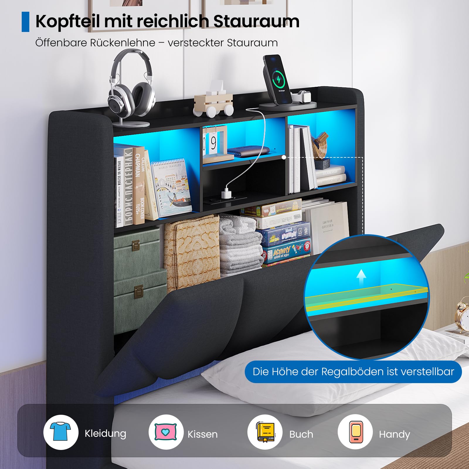 Brinlawb Schwebebett Polsterbett 90x200 cm mit LED-Beleuchtung und Ladestation (2 Steckdosen, 1 USB-A, 1 USB-C) Polsterkopfteil mit offenem Regal und verstecktem Stauraum, Jugendbett 90x200 cm Grau