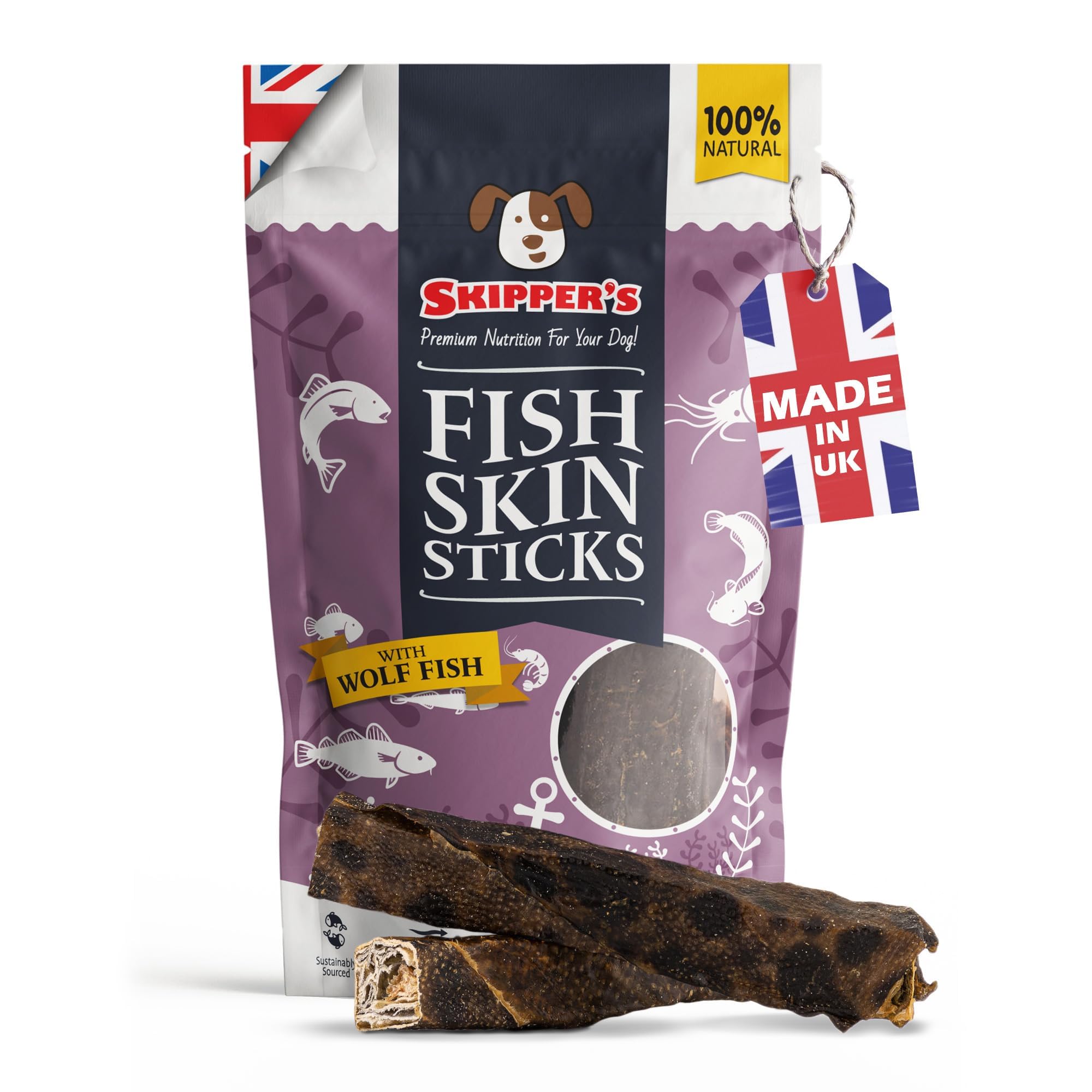 SKIPPER'S Wolf Fish Skin Sticks - Healthy & Long Lasting Natural Dog Dental Chews (1kg), High in Protein with Essential Omega 3 Oils, Great for Teeth | Handmade & Gently Air Dried Dog Treats