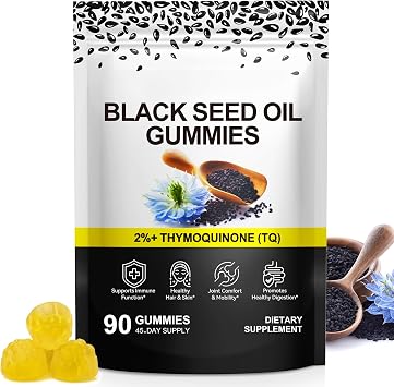 Black Seed Oil Gummies, Hair, Skin, Heart Support, Pure Nigella Sativa Black Cumin Seed Oil Cold-Pressed- Thymoquinone-Rich, 500mg Serving, 45 Days Supply, Vegan & Non-GMO,