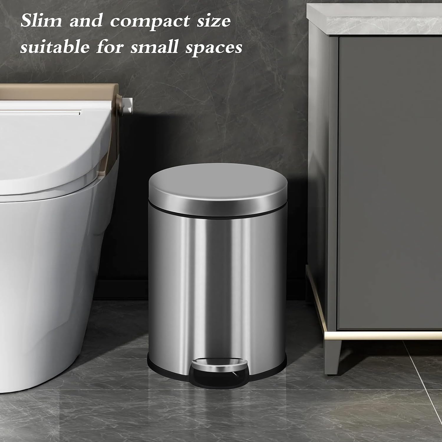 Trash Can, Mini Stainless Steel 6 Liter/1.6 Gallon Bathroom Trash Can Step Garbage Can Round Trash can with Lid w/Removable Inner Bucket Waste Basket for Bathroom Kitchen Office