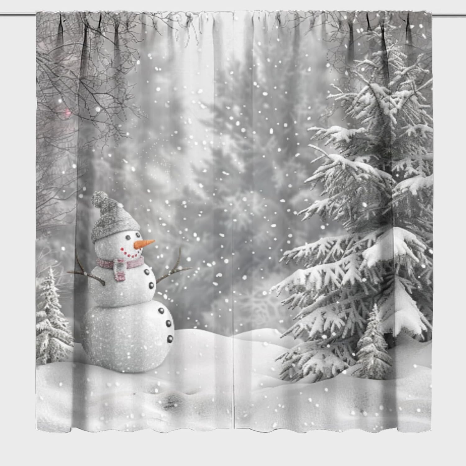 Winter Christmas, Curtains Room Darkening Drapes Cute Snowman Snowflake Scene Pine Tree Covered Snow Rod Pocket Thermal Insulated Curtains Window Treatment for Bedroom 42x63 Inch